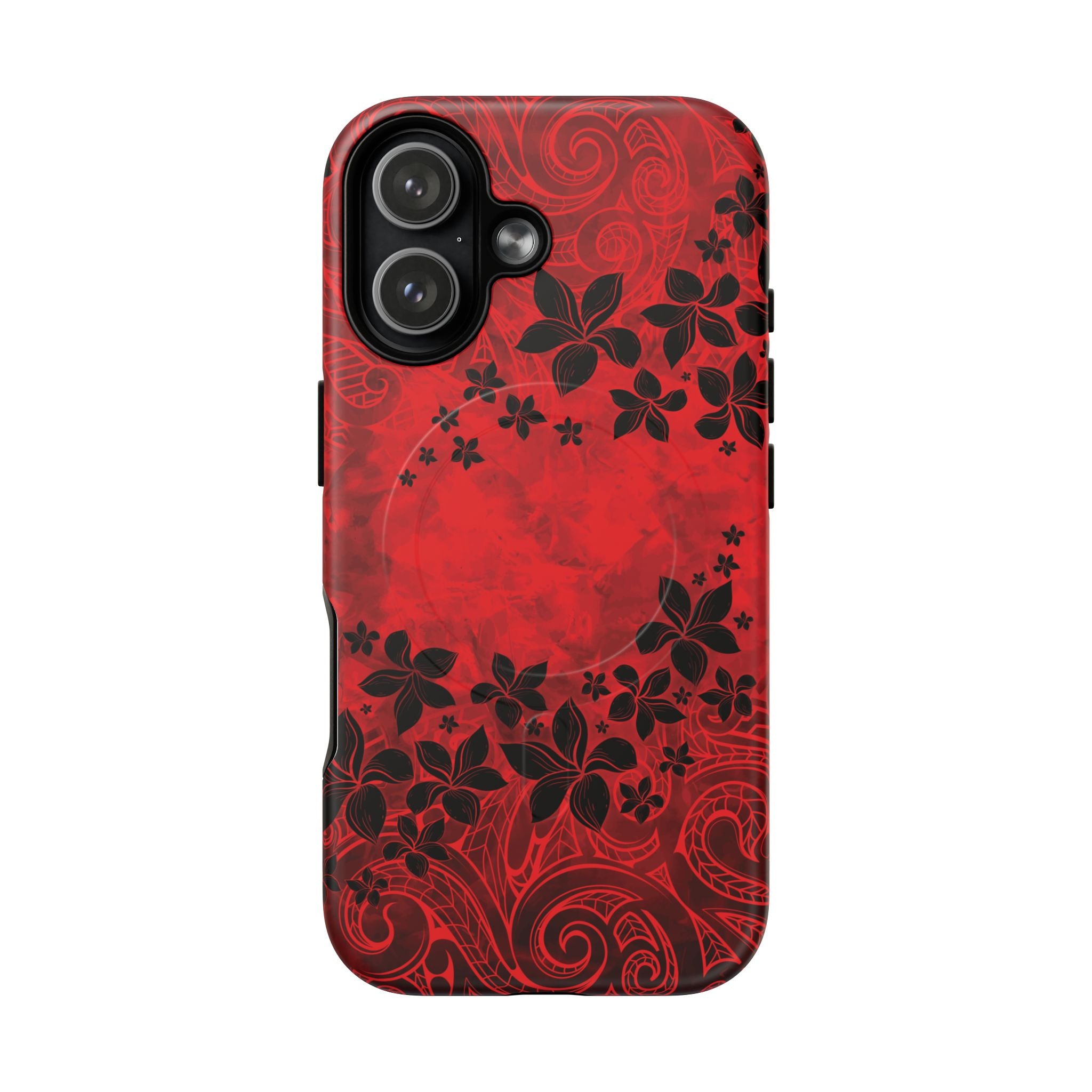 Keahi Pua MagSafe iPhone Case Detail View - Hawaiian Fire Flower Red Tribal Floral Design Close Up - The Local Banyan