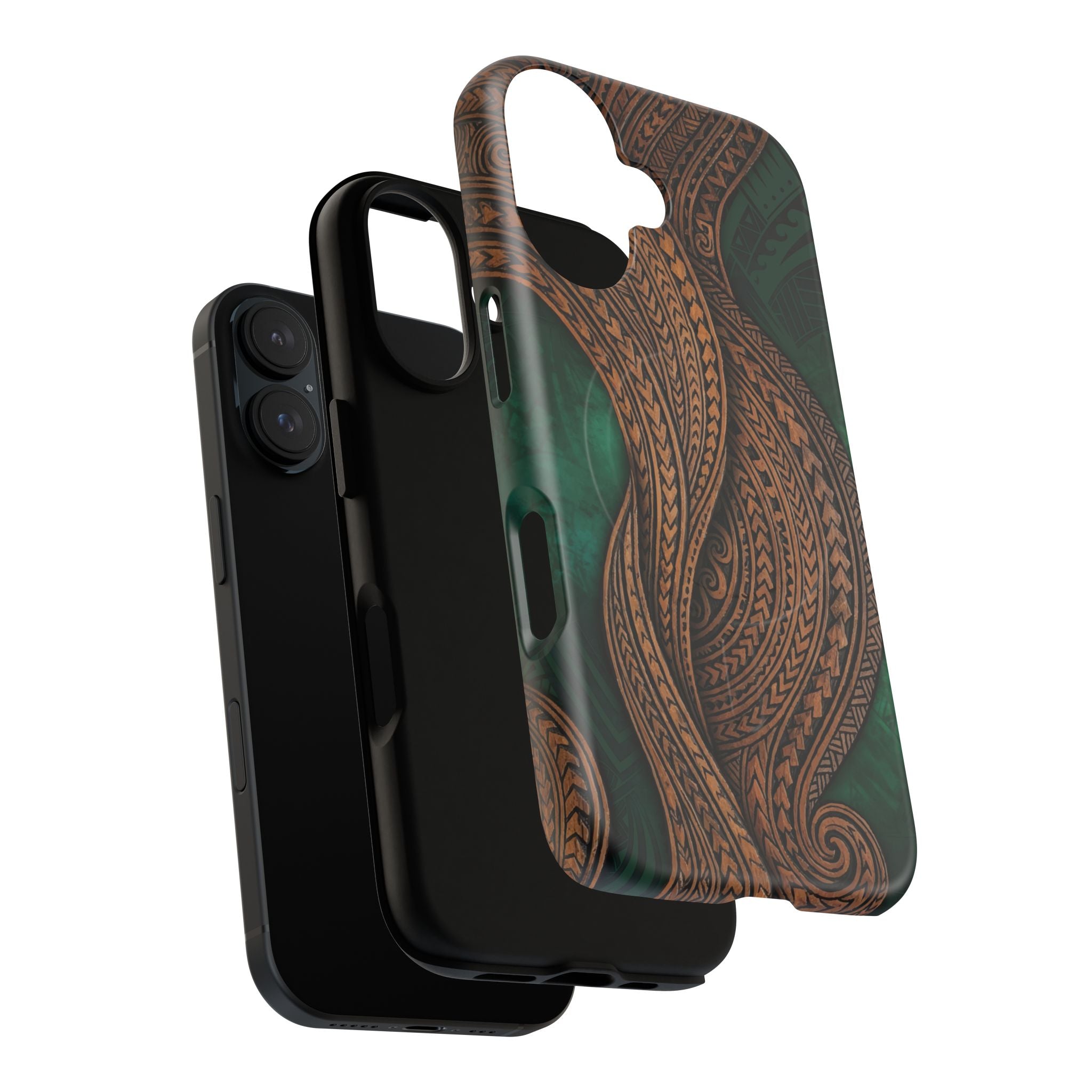 Woman holding Island Kalai MagSafe iPhone Case - Hawaiian Carved Wood Grain Emerald Green Tribal Design - The Local Banyan