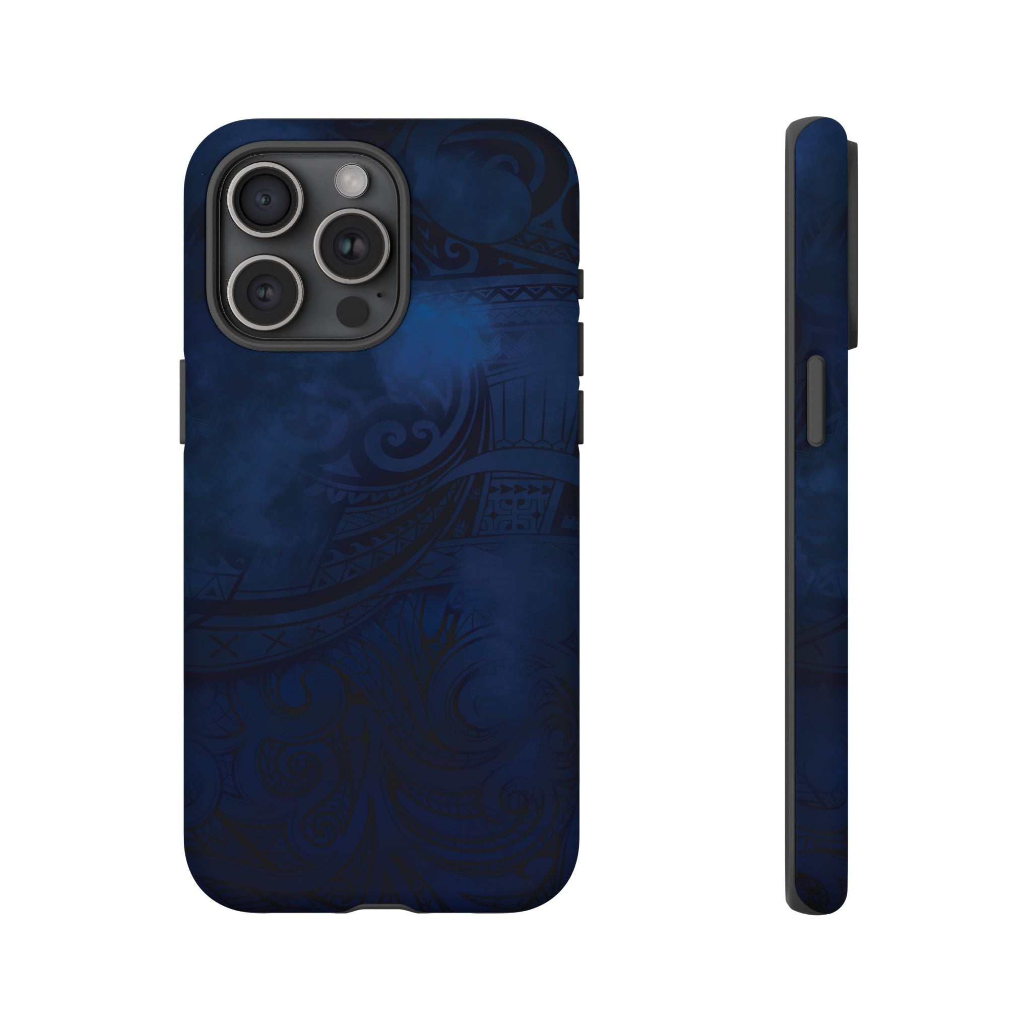 Midnight Essence Tough iPhone Case Detail View - Hawaiian Midnight Navy Polynesian Tribal Design Close Up - The Local Banyan