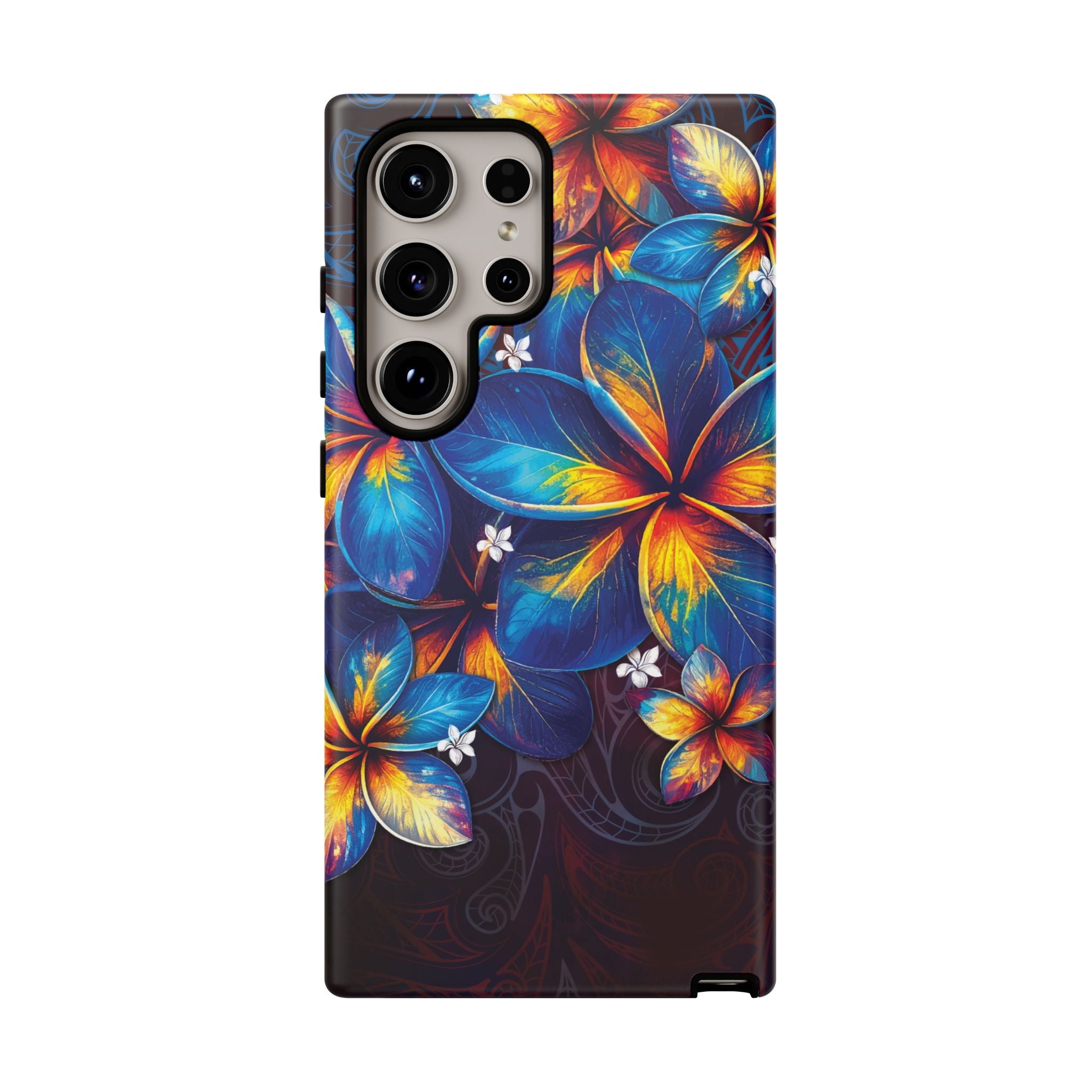Woman holding Nohea Twilight Tough Samsung Galaxy Case - Hawaiian Blue Orange Plumeria Twilight Design - The Local Banyan