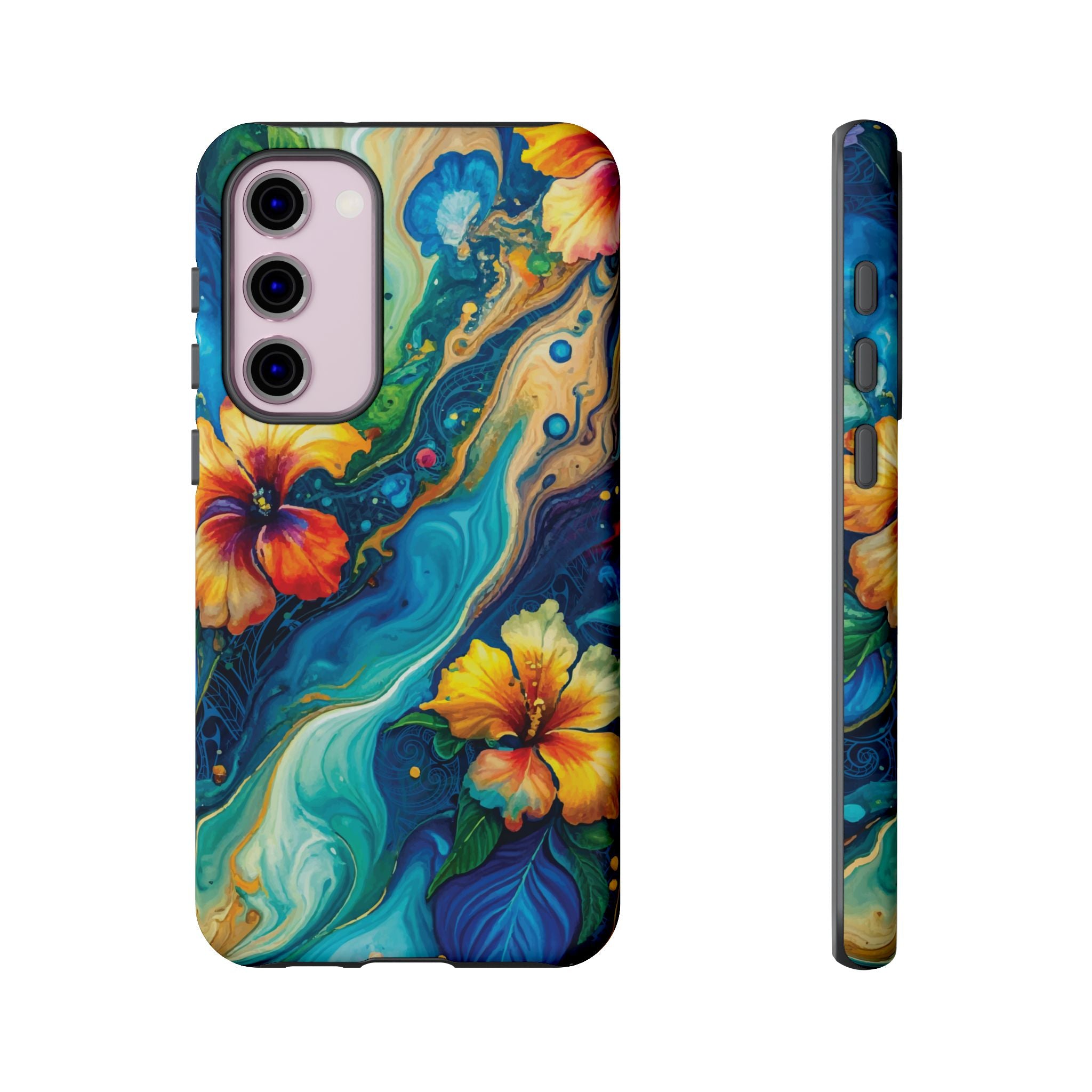 Woman holding Aloalo Drift Tough Samsung Galaxy Case - Hawaiian Hibiscus Teal Ocean Wave Design - The Local Banyan