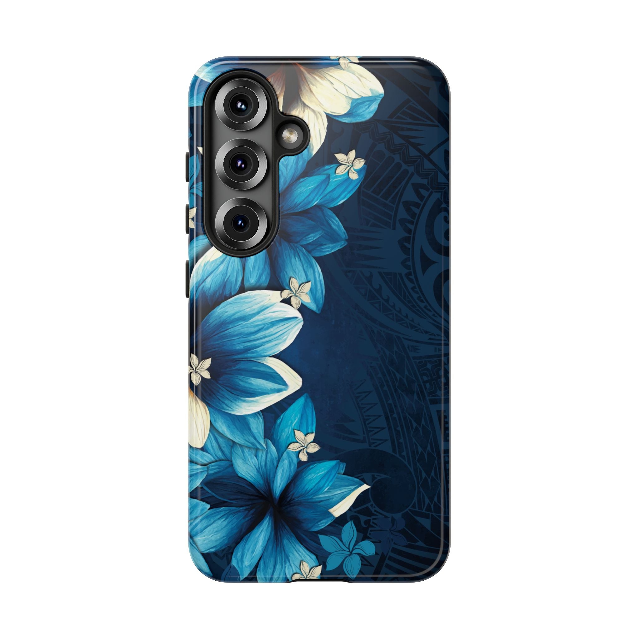Woman holding Leilani Nights Tough Samsung Galaxy Case - Hawaiian Dark Blue Floral Polynesian Design - The Local Banyan