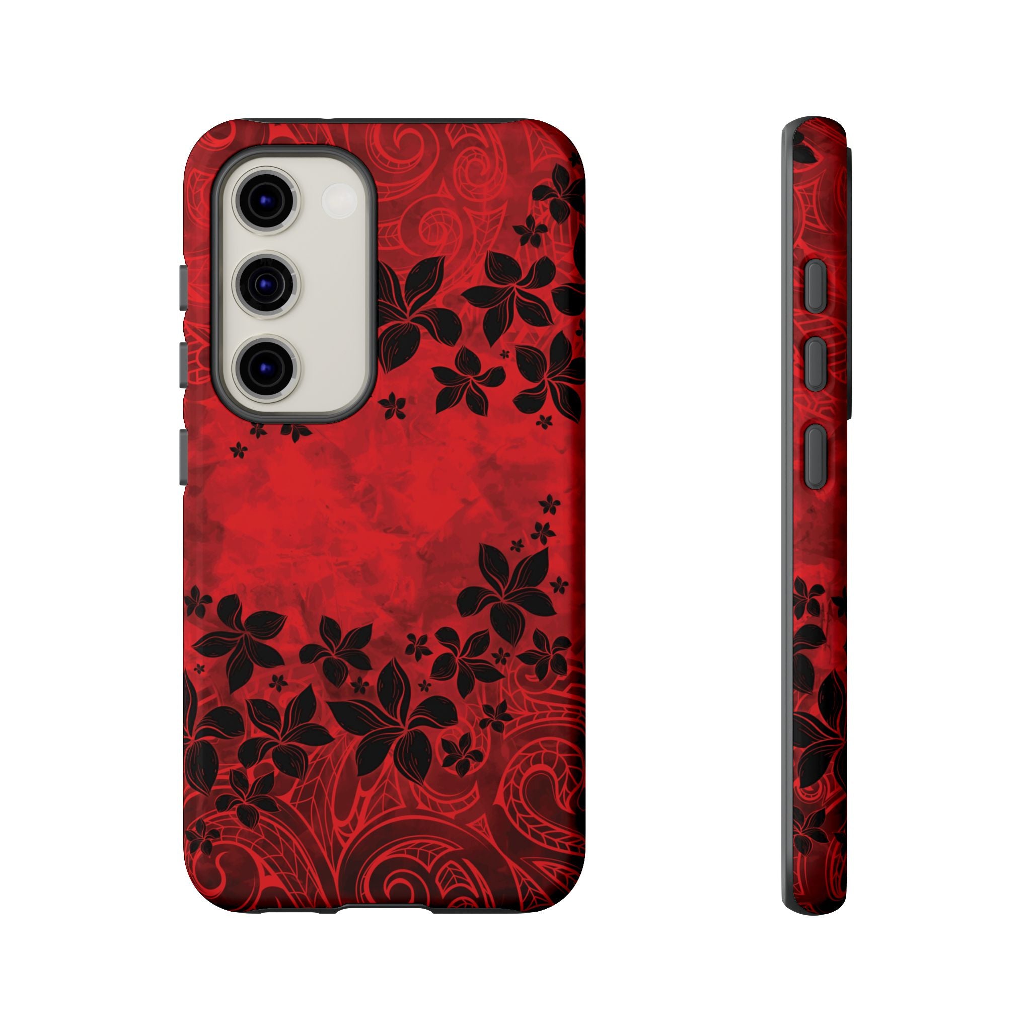 Woman holding Keahi Pua Tough Samsung Galaxy Case - Hawaiian Fire Flower Red Tribal Floral Design - The Local Banyan