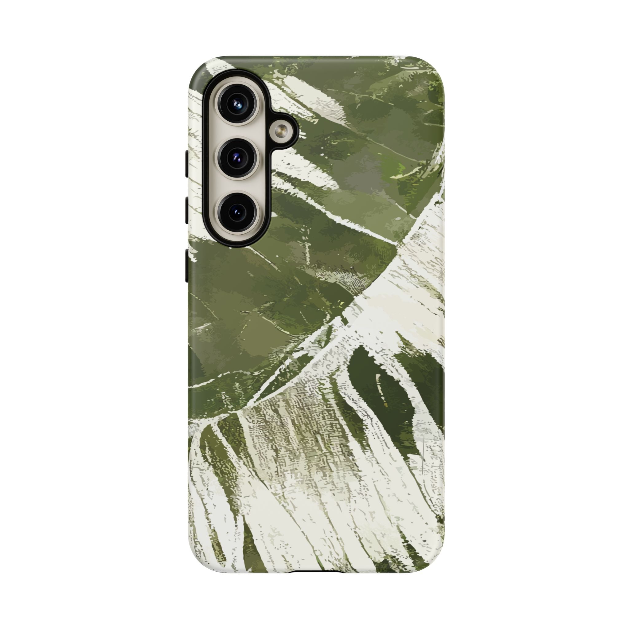 Woman holding Island Breeze Tough Samsung Galaxy Case - Hawaiian Palm Leaf Olive Green Botanical Design - The Local Banyan
