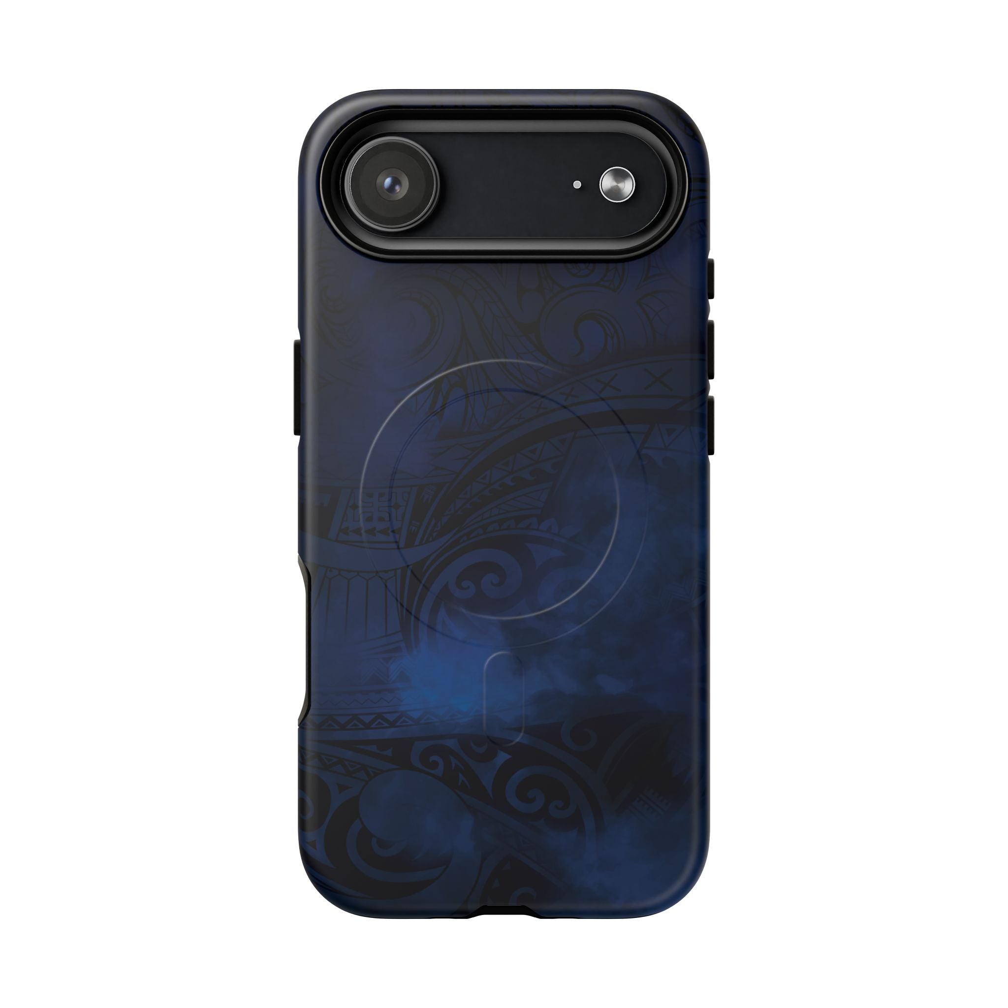 Woman holding Midnight Essence MagSafe iPhone Case - Hawaiian Midnight Navy Polynesian Tribal Design - The Local Banyan