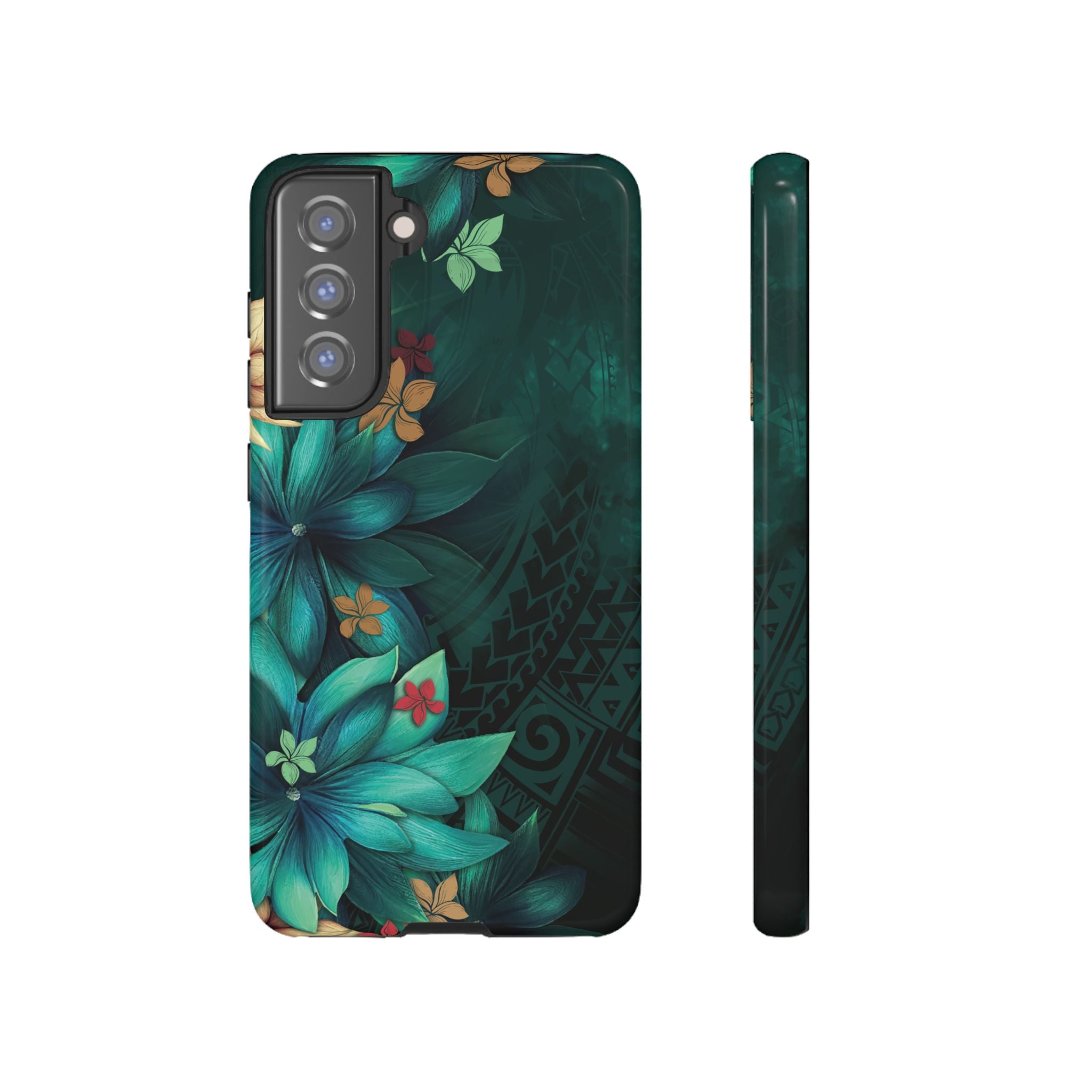 Aloha Whispers Tough Samsung Galaxy Case Samsung Galaxy S21 FE Glossy - Hawaiian Abstract Green Floral Polynesian Design - The Local Banyan