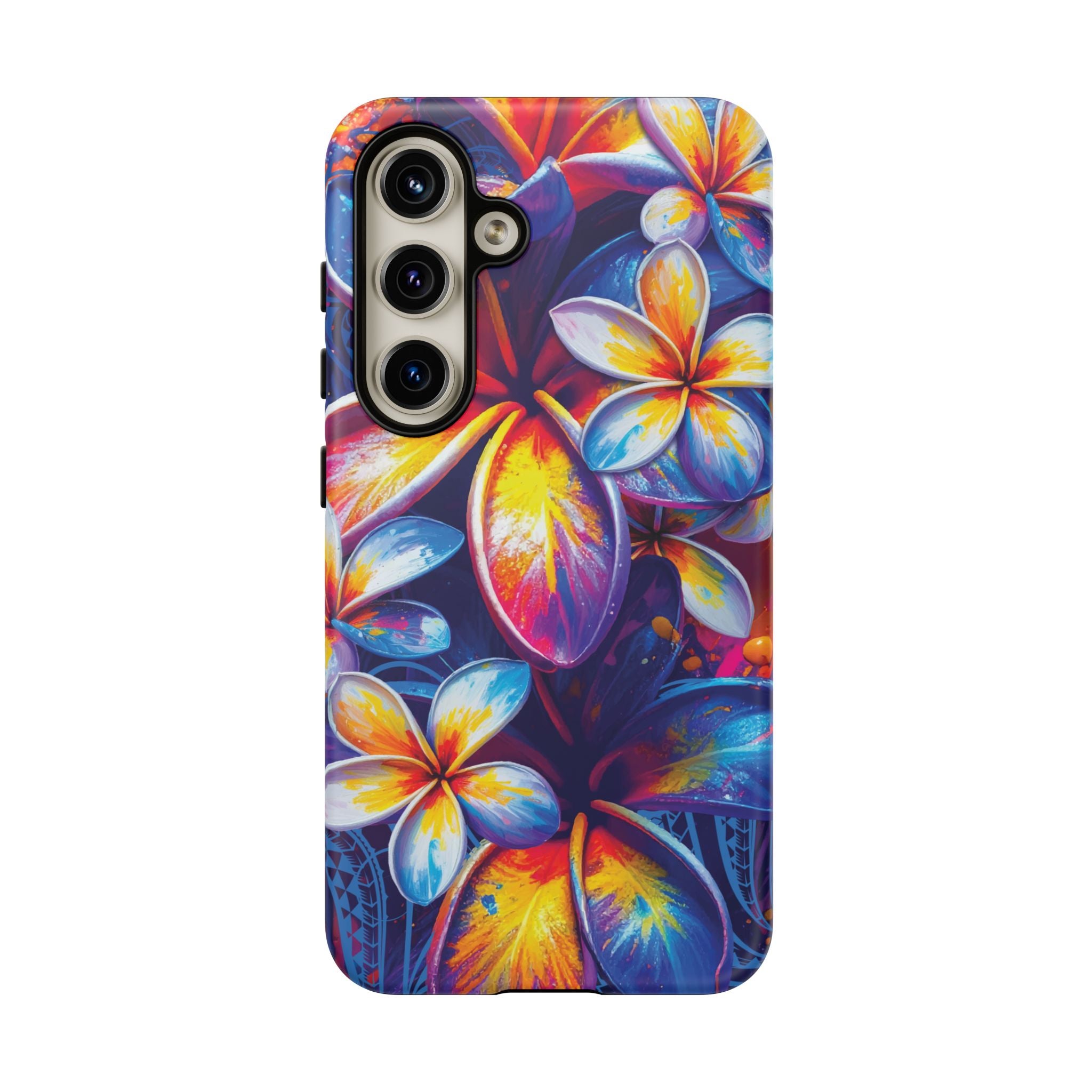 Woman holding Sunset Ink Tough Samsung Galaxy Case - Hawaiian Plumeria Street Art Graffiti Tropical Design - The Local Banyan