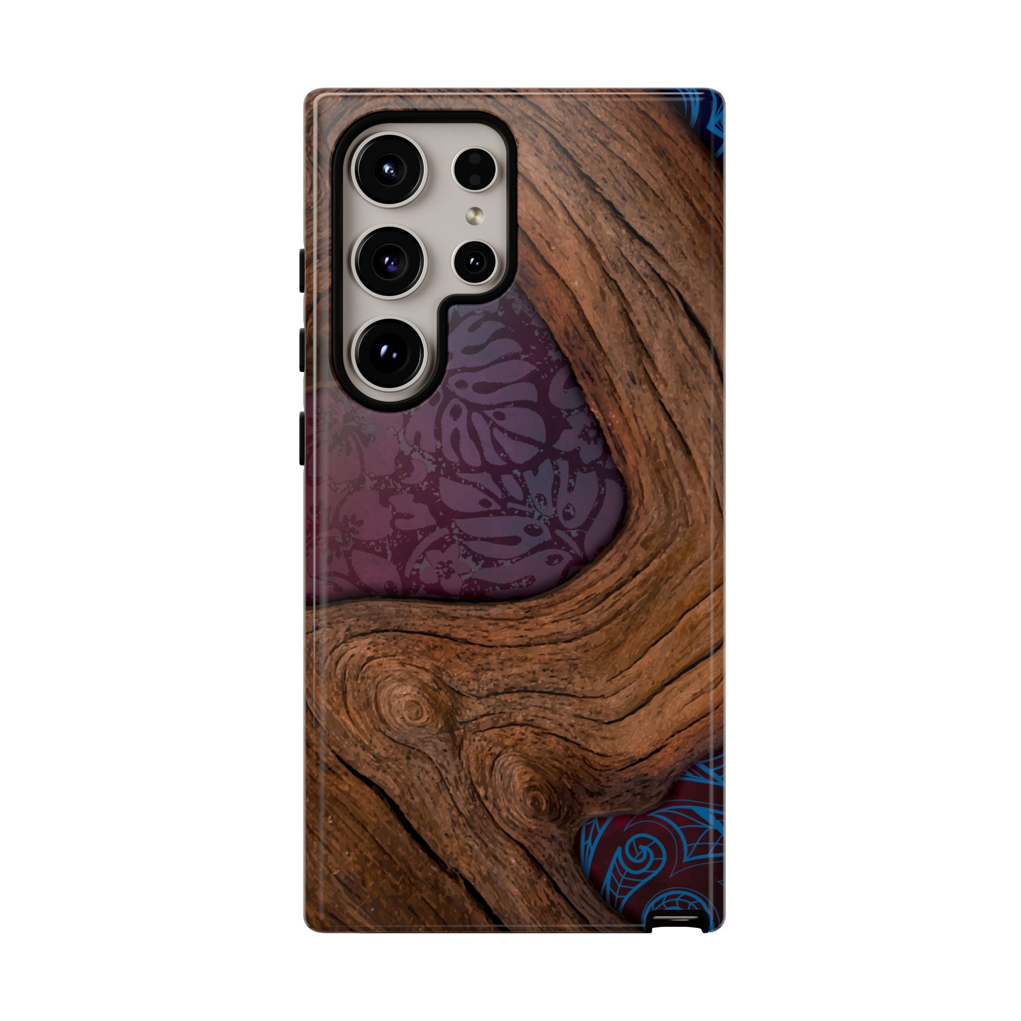 Rooted Tough Samsung Galaxy Case Detail View - Hawaiian Koa Wood Island Strength Tribal Design Close Up - The Local Banyan