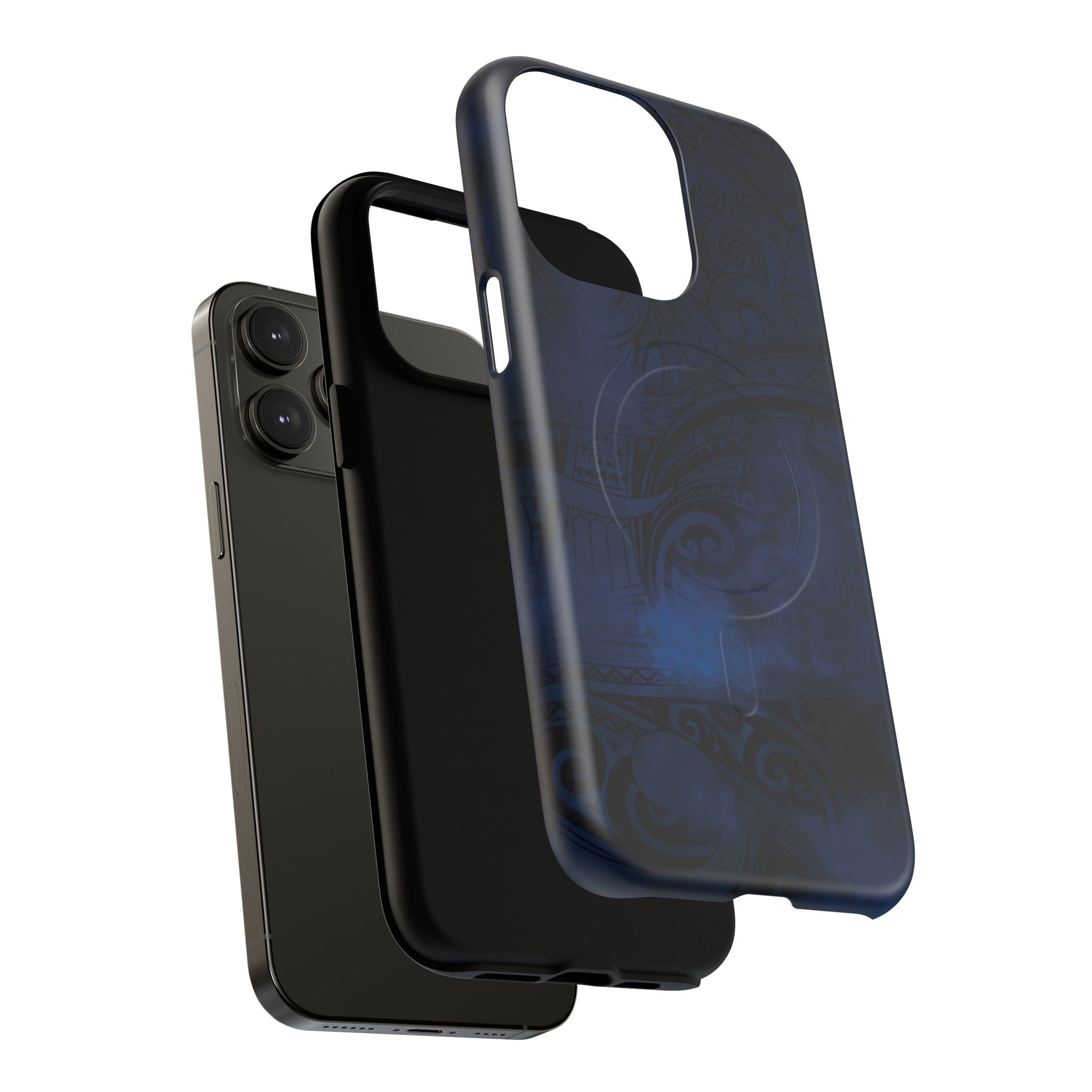 Woman holding Midnight Essence MagSafe iPhone Case - Hawaiian Midnight Navy Polynesian Tribal Design - The Local Banyan