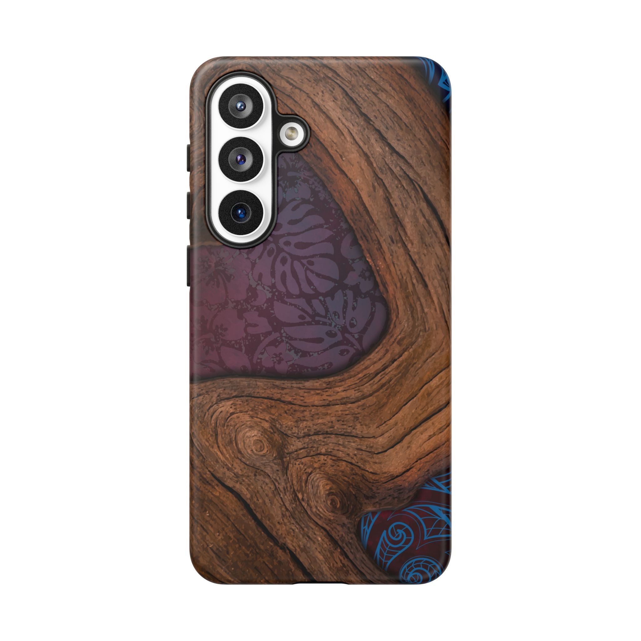 Woman holding Rooted Tough Samsung Galaxy Case - Hawaiian Koa Wood Island Strength Tribal Design - The Local Banyan