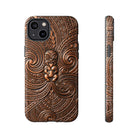 Woman holding Paa Guardian Tough iPhone Case - Hawaiian Copper Carved Tiki Polynesian Design - The Local Banyan