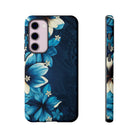 Woman holding Leilani Nights Tough Samsung Galaxy Case - Hawaiian Dark Blue Floral Polynesian Design - The Local Banyan