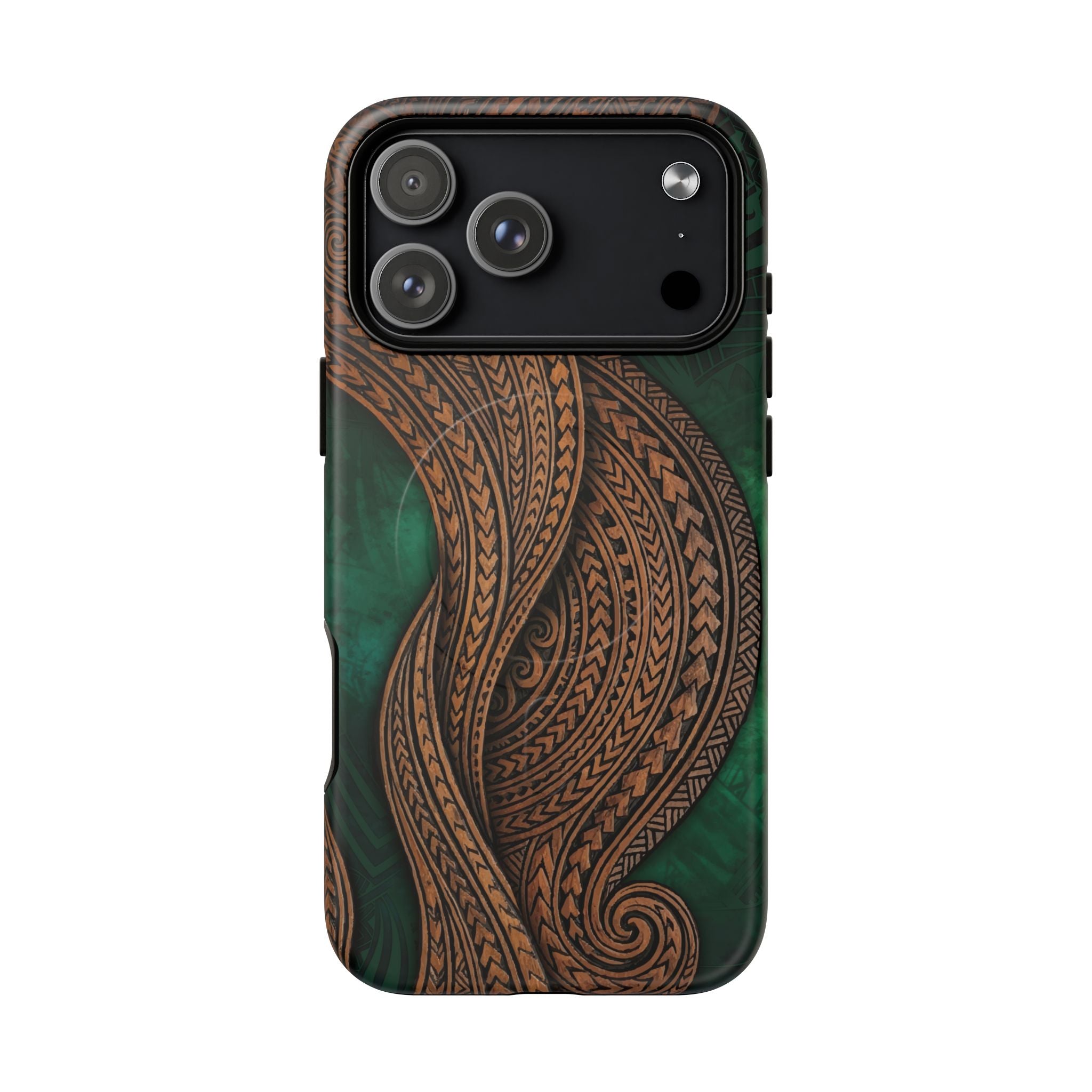 Woman holding Island Kalai MagSafe iPhone Case - Hawaiian Carved Wood Grain Emerald Green Tribal Design - The Local Banyan