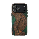 Woman holding Island Kalai MagSafe iPhone Case - Hawaiian Carved Wood Grain Emerald Green Tribal Design - The Local Banyan