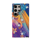 Woman holding Mauna Sunrise Tough Samsung Galaxy Case - Hawaiian Colorful Sunrise Plumeria Design - The Local Banyan