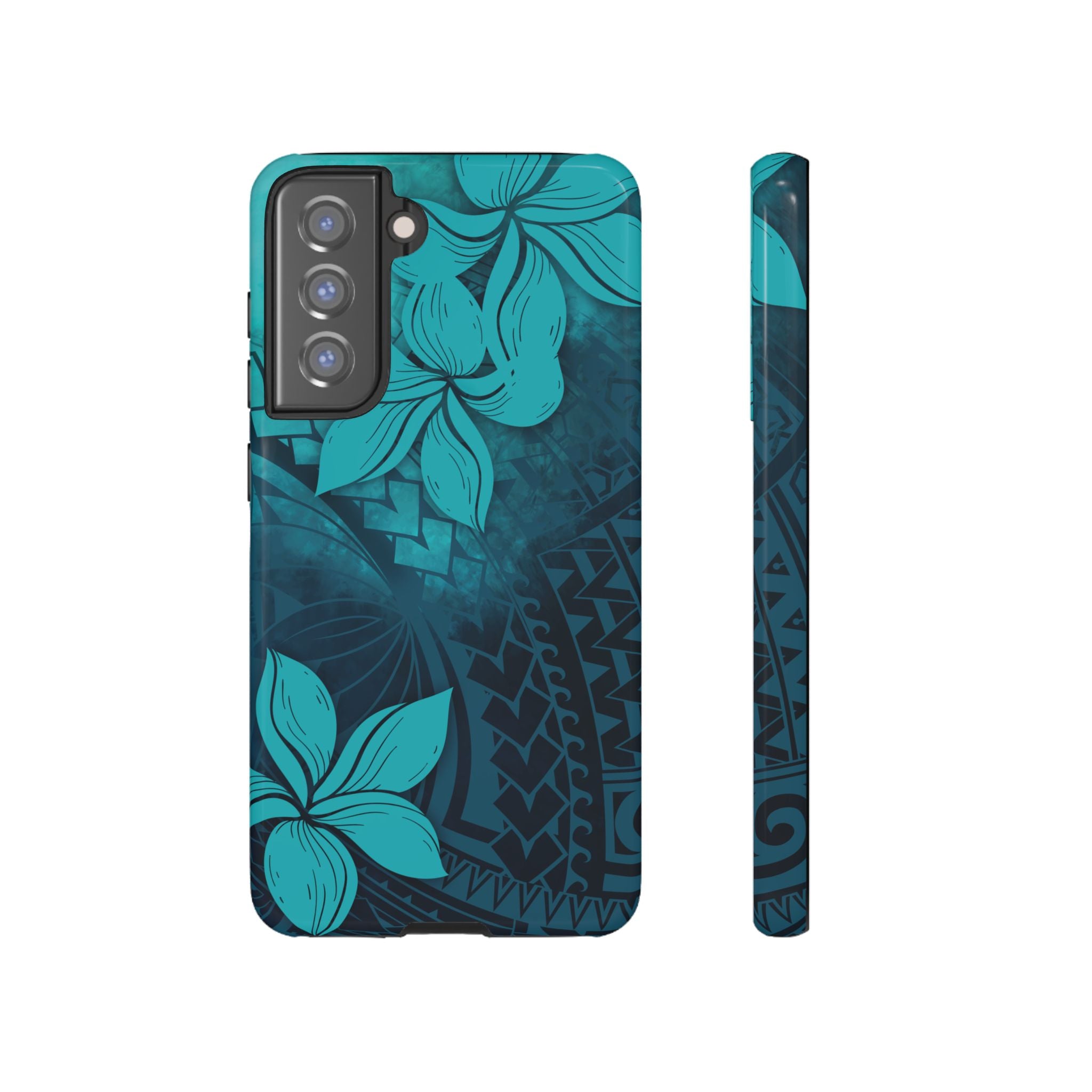 Moana Bloom Tough Samsung Galaxy Case Samsung Galaxy S21 FE Glossy - Hawaiian Teal Plumeria Ocean Tribal Design - The Local Banyan