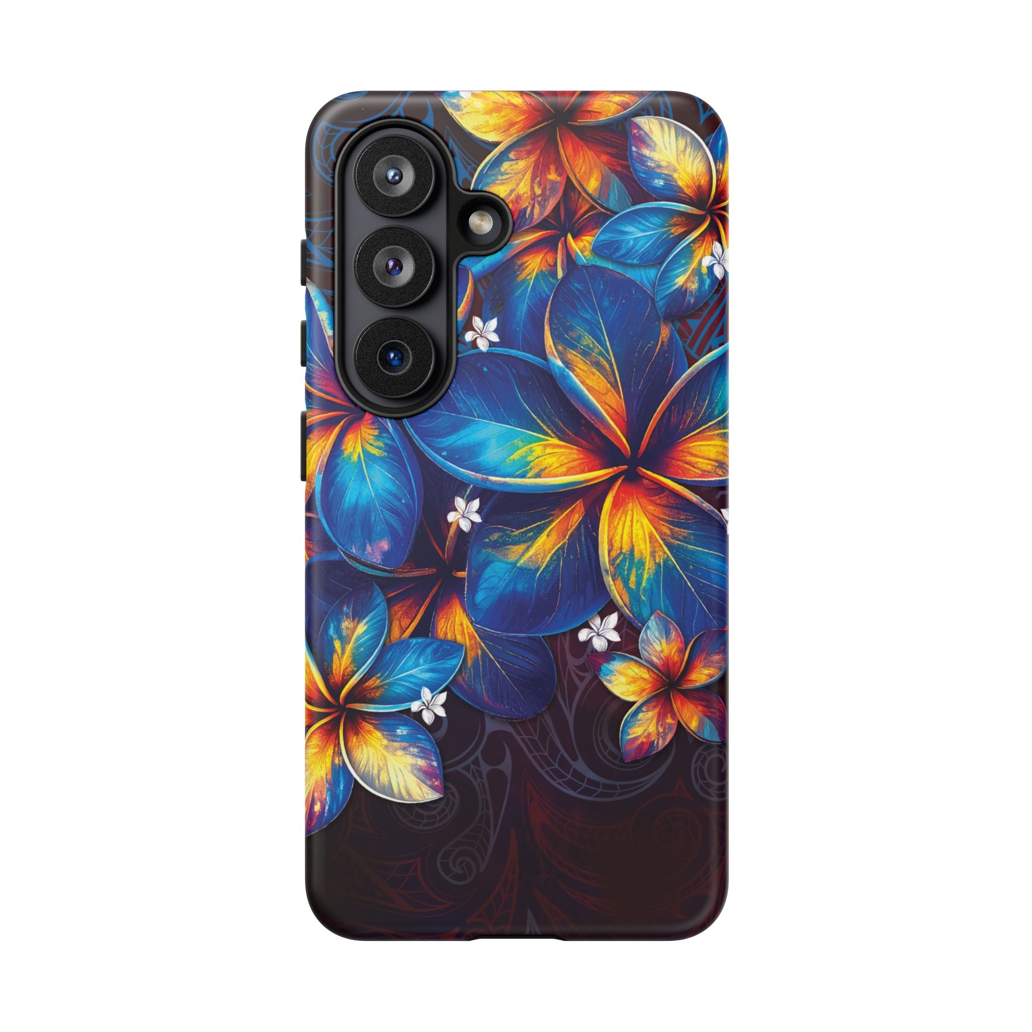 Woman holding Nohea Twilight Tough Samsung Galaxy Case - Hawaiian Blue Orange Plumeria Twilight Design - The Local Banyan