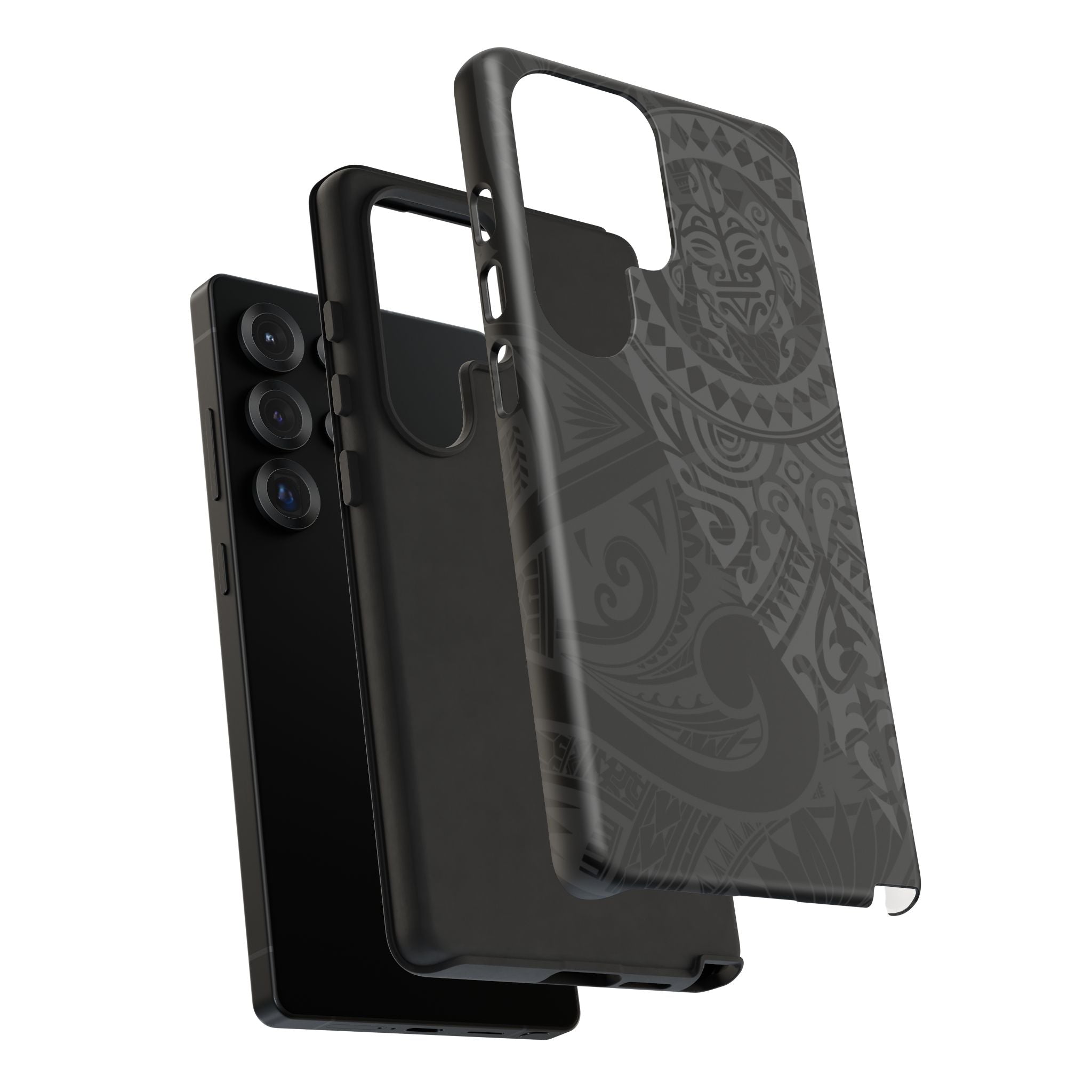 Tribal Guardian Tough Samsung Galaxy Case Detail View - Hawaiian Black on Black Polynesian Tribal Design Close Up - The Local Banyan