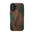 Woman holding Island Kalai MagSafe iPhone Case - Hawaiian Carved Wood Grain Emerald Green Tribal Design - The Local Banyan
