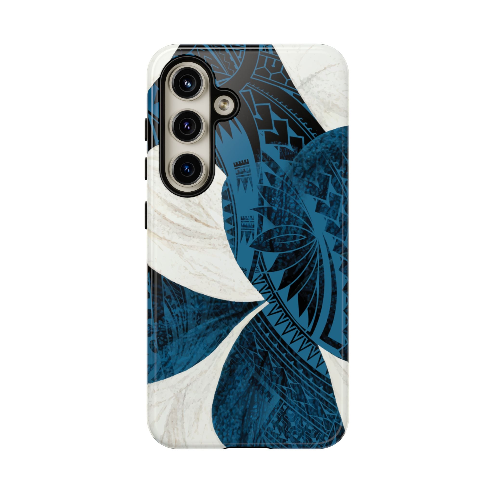Woman holding Hana Breeze Tough Samsung Galaxy Case - Hawaiian Blue Plumeria Polynesian Botanical Design - The Local Banyan
