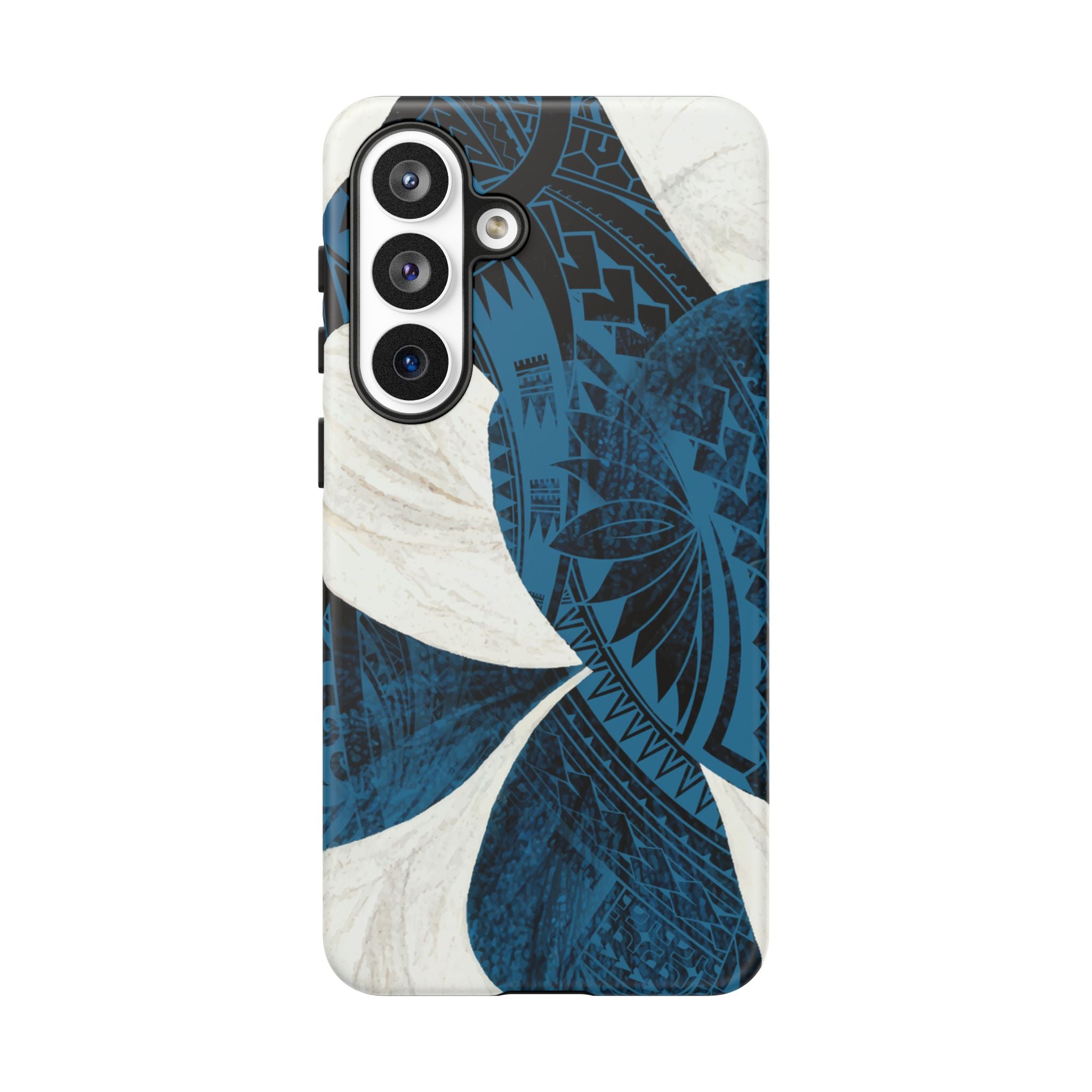 Woman holding Hana Breeze Tough Samsung Galaxy Case - Hawaiian Blue Plumeria Polynesian Botanical Design - The Local Banyan