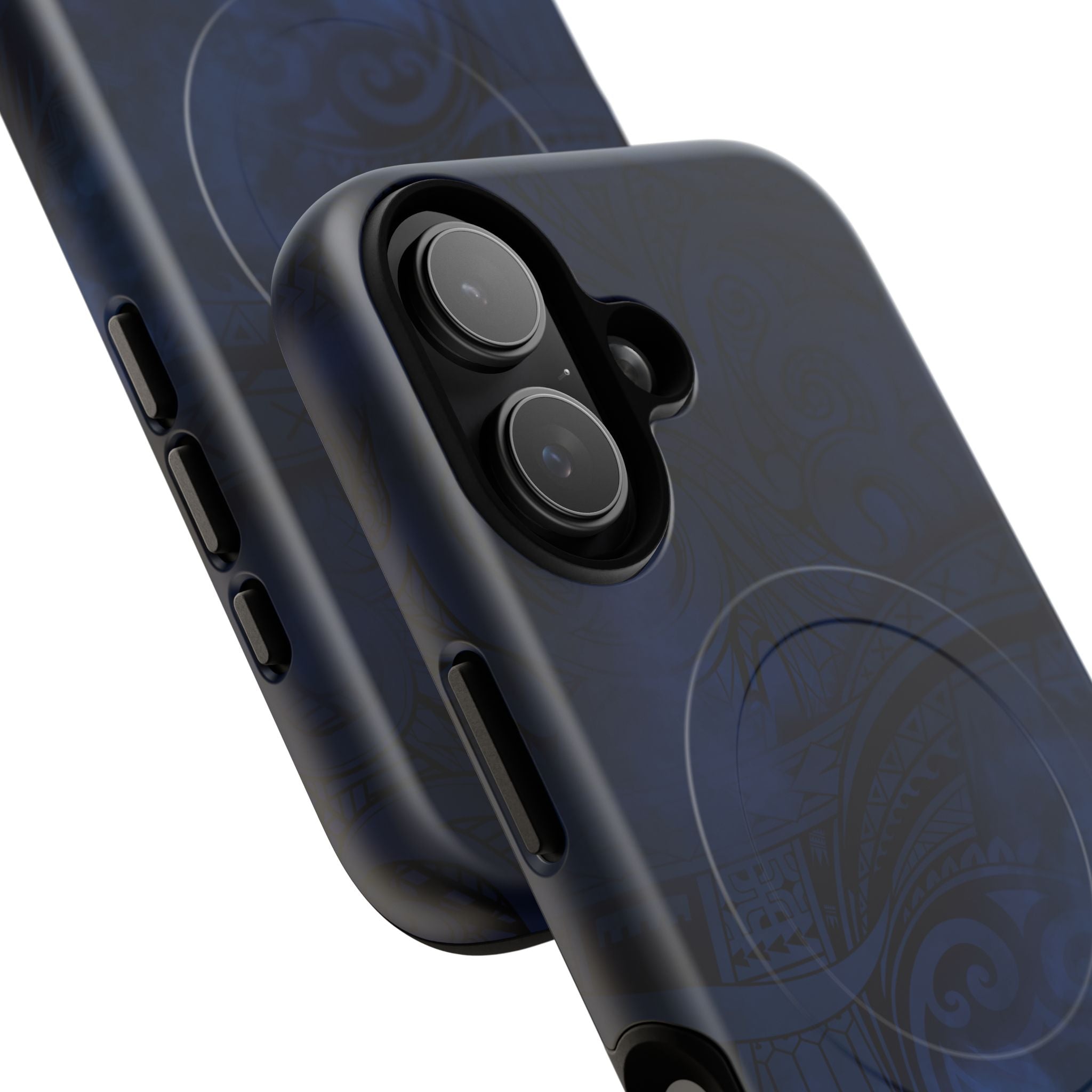 Woman holding Midnight Essence MagSafe iPhone Case - Hawaiian Midnight Navy Polynesian Tribal Design - The Local Banyan