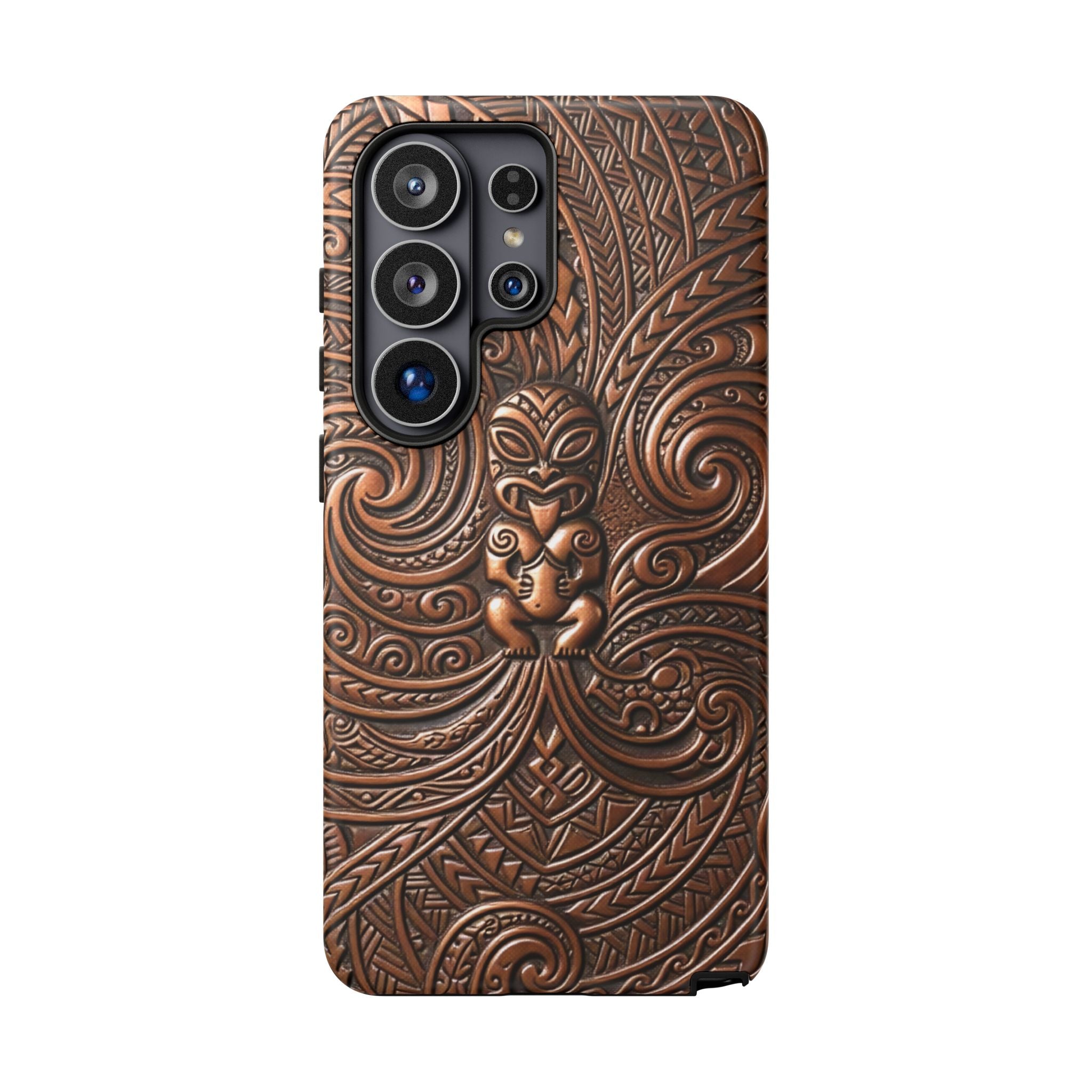 Woman holding Paa Guardian Tough Samsung Galaxy Case - Hawaiian Copper Carved Tiki Polynesian Design - The Local Banyan
