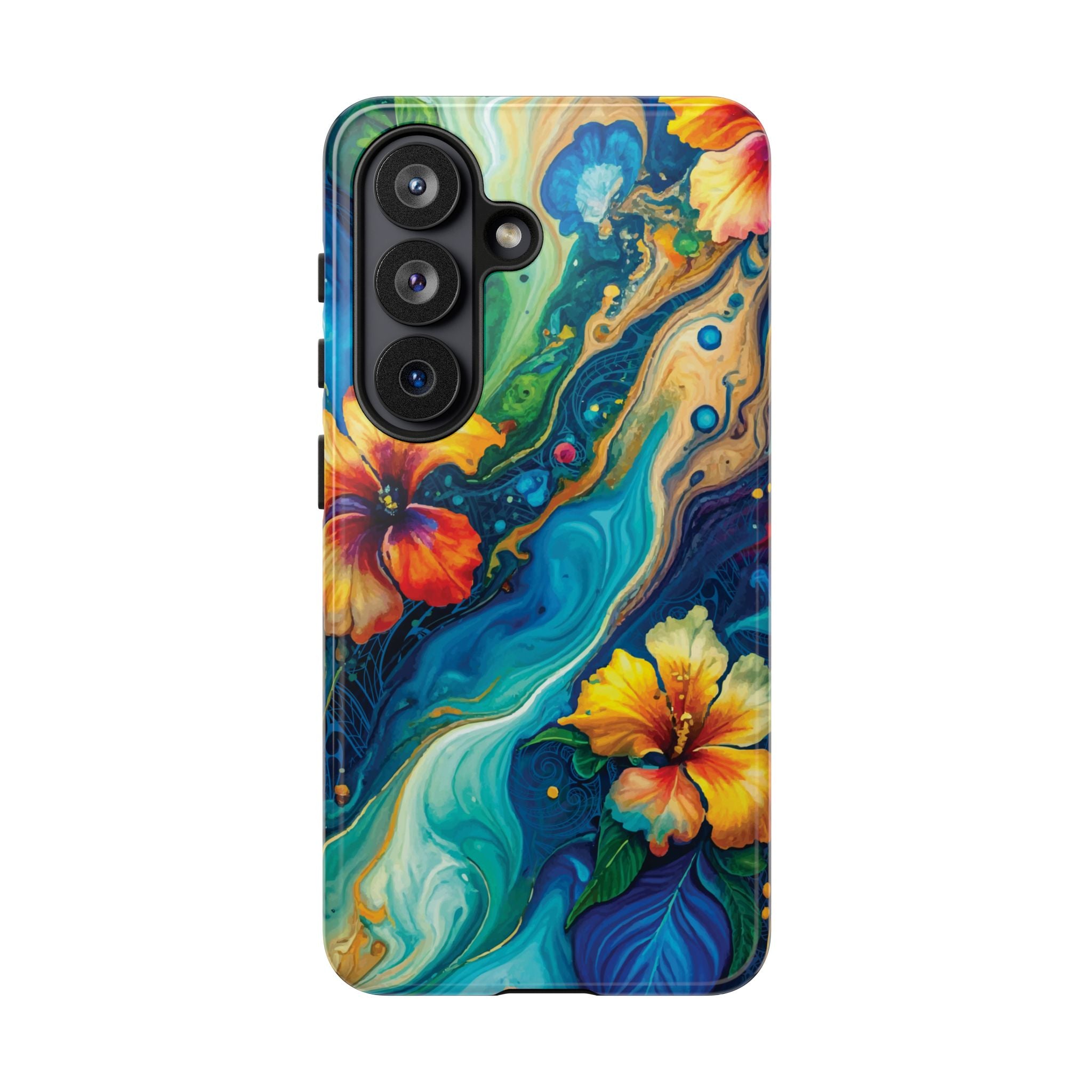 Aloalo Drift Tough Samsung Galaxy Case Detail View - Hawaiian Hibiscus Teal Ocean Wave Design Close Up - The Local Banyan