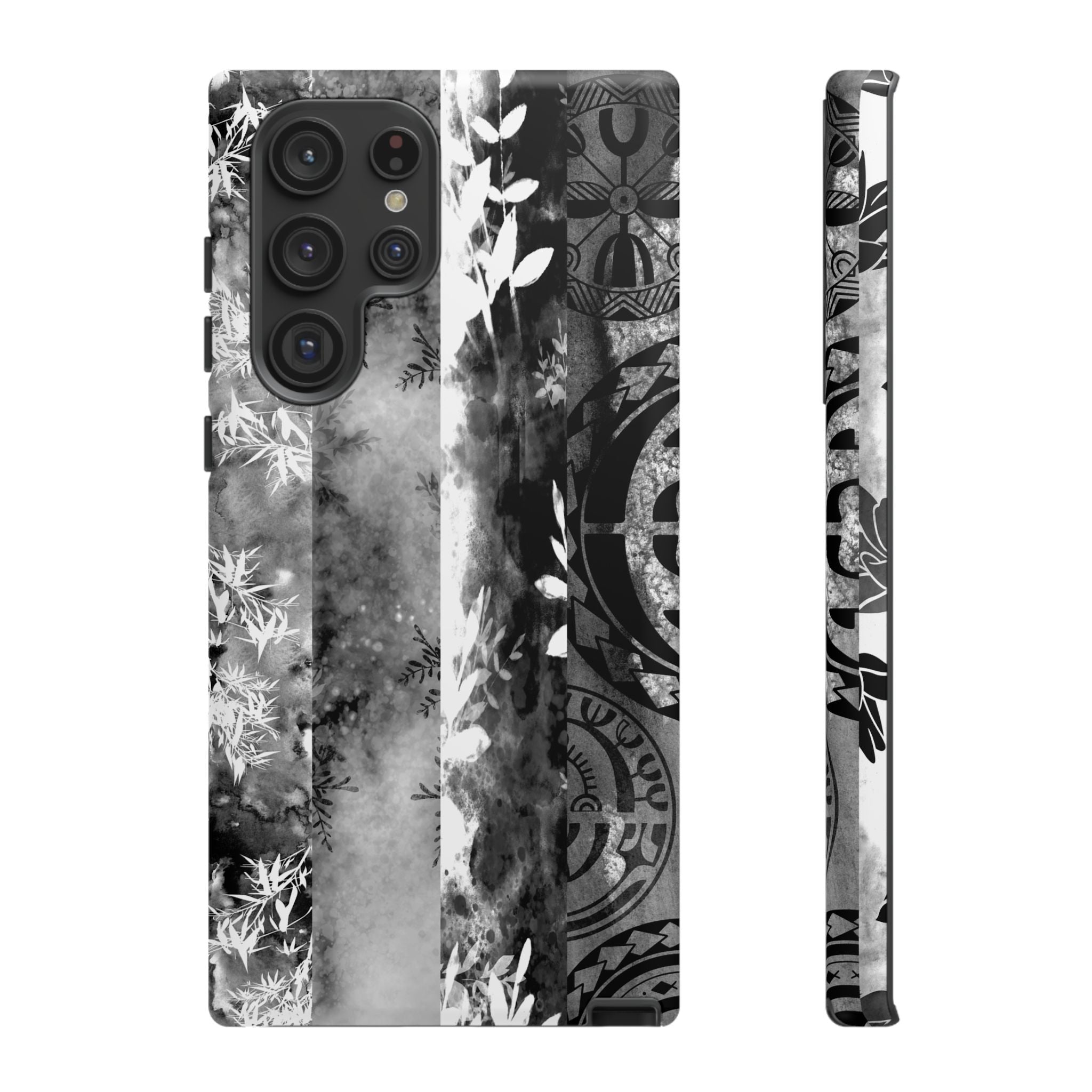 Monochrome Oasis Tough Samsung Galaxy Case Detail View - Hawaiian Black White Botanical Tribal Design Close Up - The Local Banyan