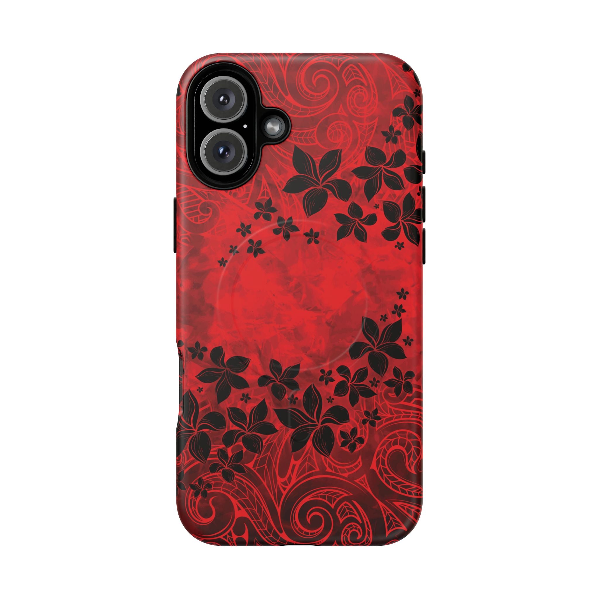 Woman holding Keahi Pua MagSafe iPhone Case - Hawaiian Fire Flower Red Tribal Floral Design - The Local Banyan