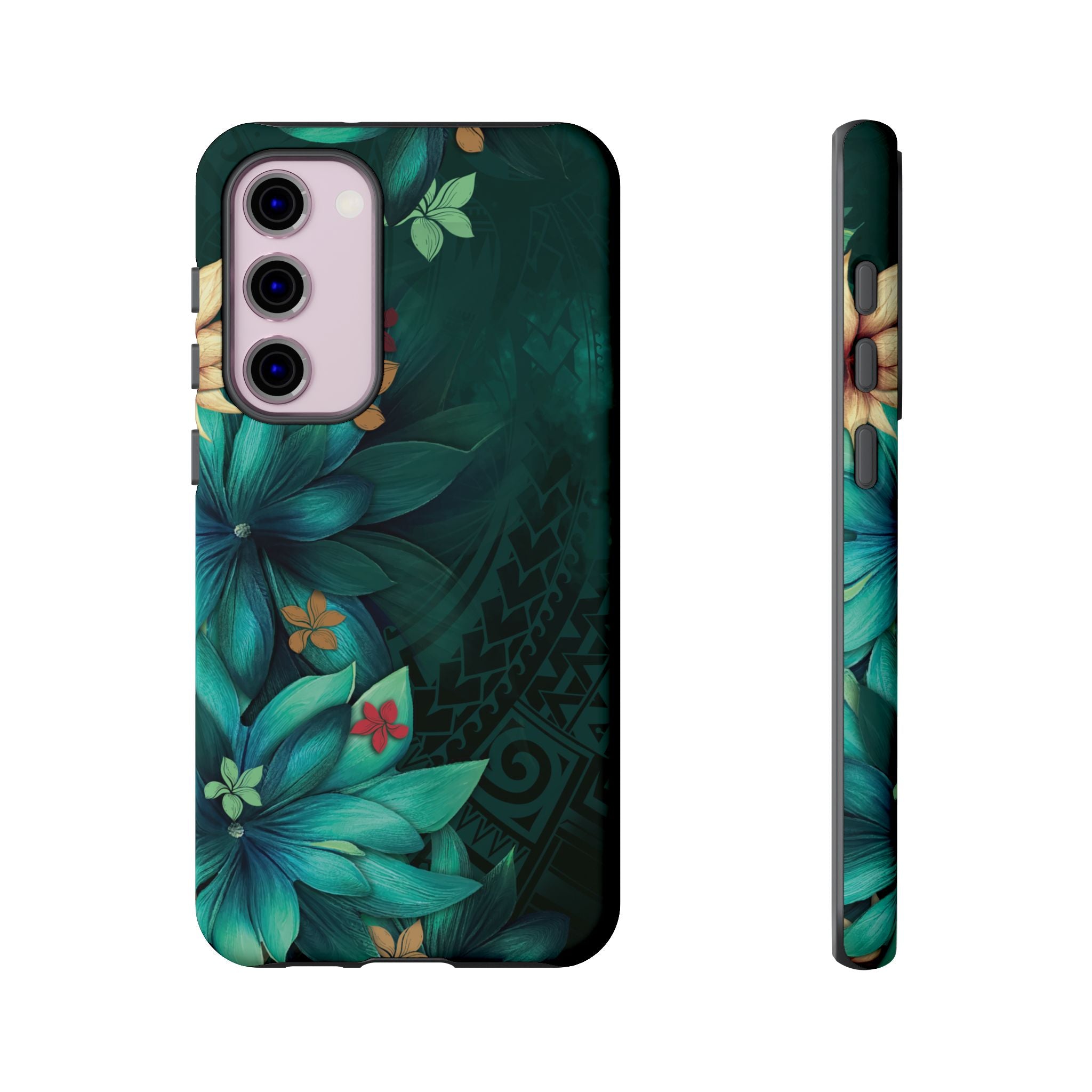 Woman holding Aloha Whispers Tough Samsung Galaxy Case - Hawaiian Abstract Green Floral Polynesian Design - The Local Banyan