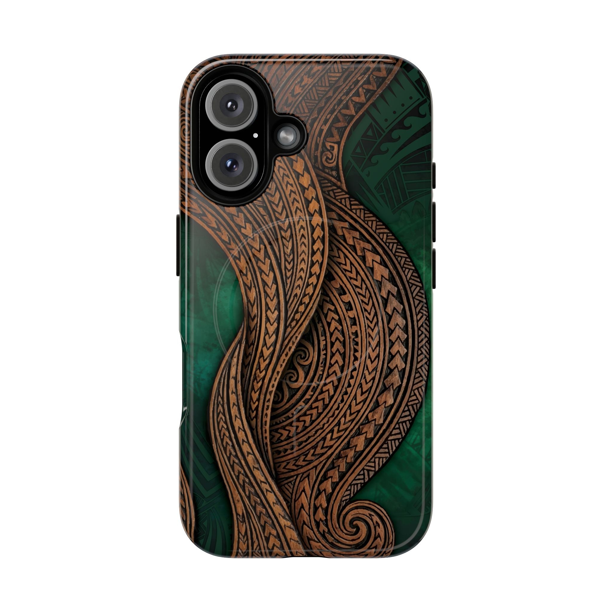 Island Kalai MagSafe iPhone Case iPhone 16 Glossy - Hawaiian Carved Wood Grain Emerald Green Tribal Design - The Local Banyan