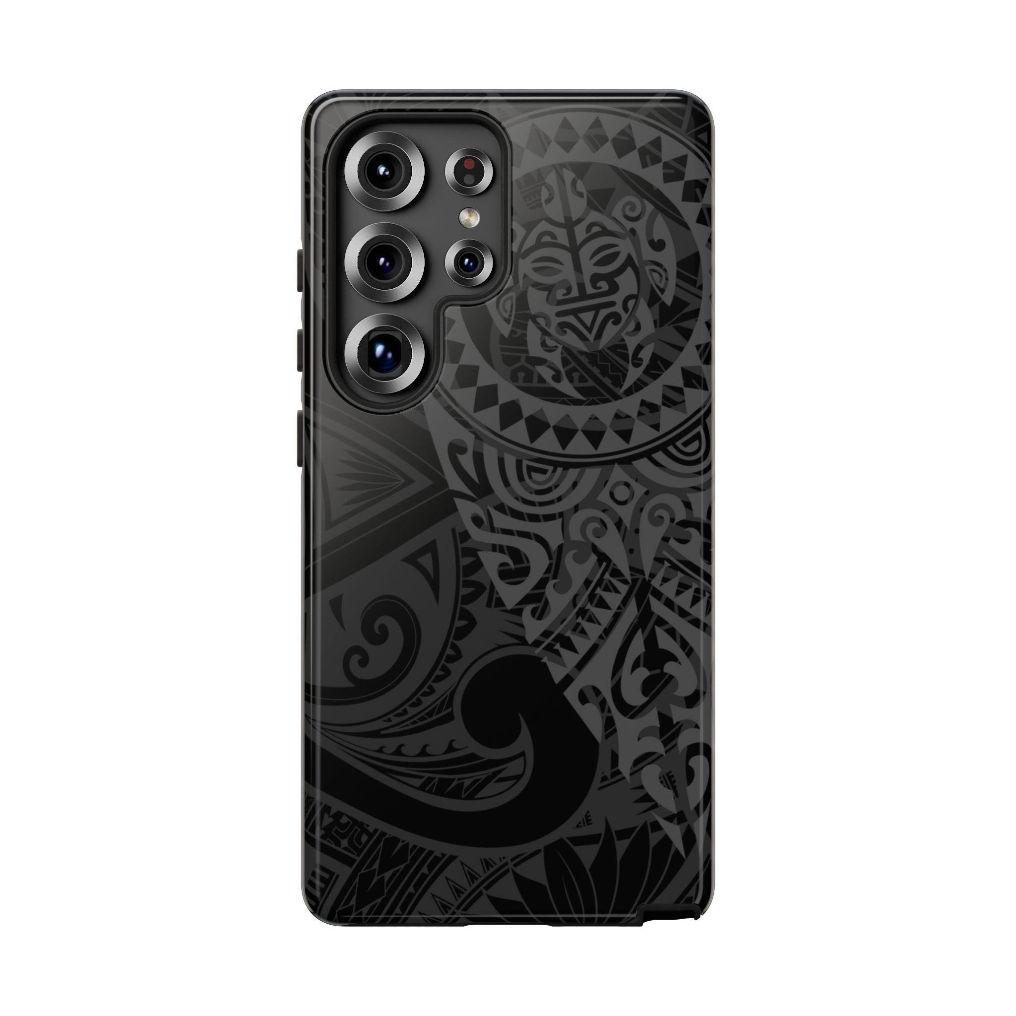 Woman holding Tribal Guardian Tough Samsung Galaxy Case - Hawaiian Black on Black Polynesian Tribal Design - The Local Banyan