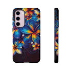 Woman holding Nohea Twilight Tough Samsung Galaxy Case - Hawaiian Blue Orange Plumeria Twilight Design - The Local Banyan