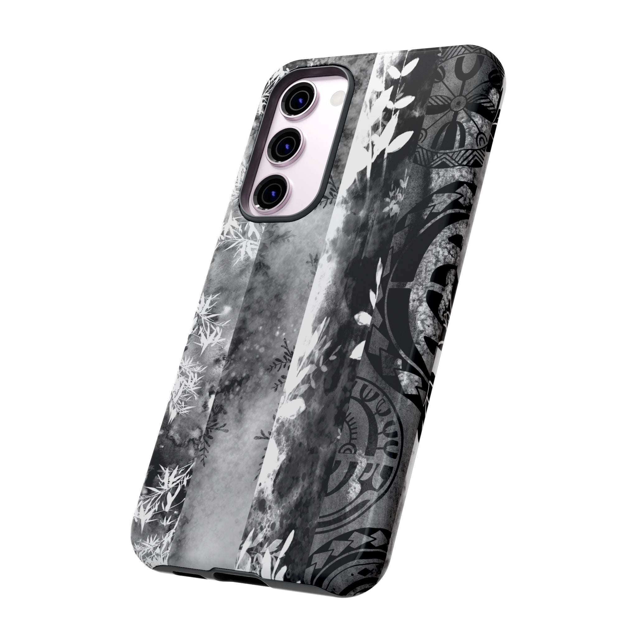 Monochrome Oasis Tough Samsung Galaxy Case Detail View - Hawaiian Black White Botanical Tribal Design Close Up - The Local Banyan