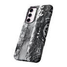 Monochrome Oasis Tough Samsung Galaxy Case Detail View - Hawaiian Black White Botanical Tribal Design Close Up - The Local Banyan
