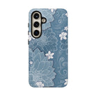 Woman holding Pua La Tough Samsung Galaxy Case - Hawaiian Golden Hibiscus Sun Flower Sapphire Design - The Local Banyan