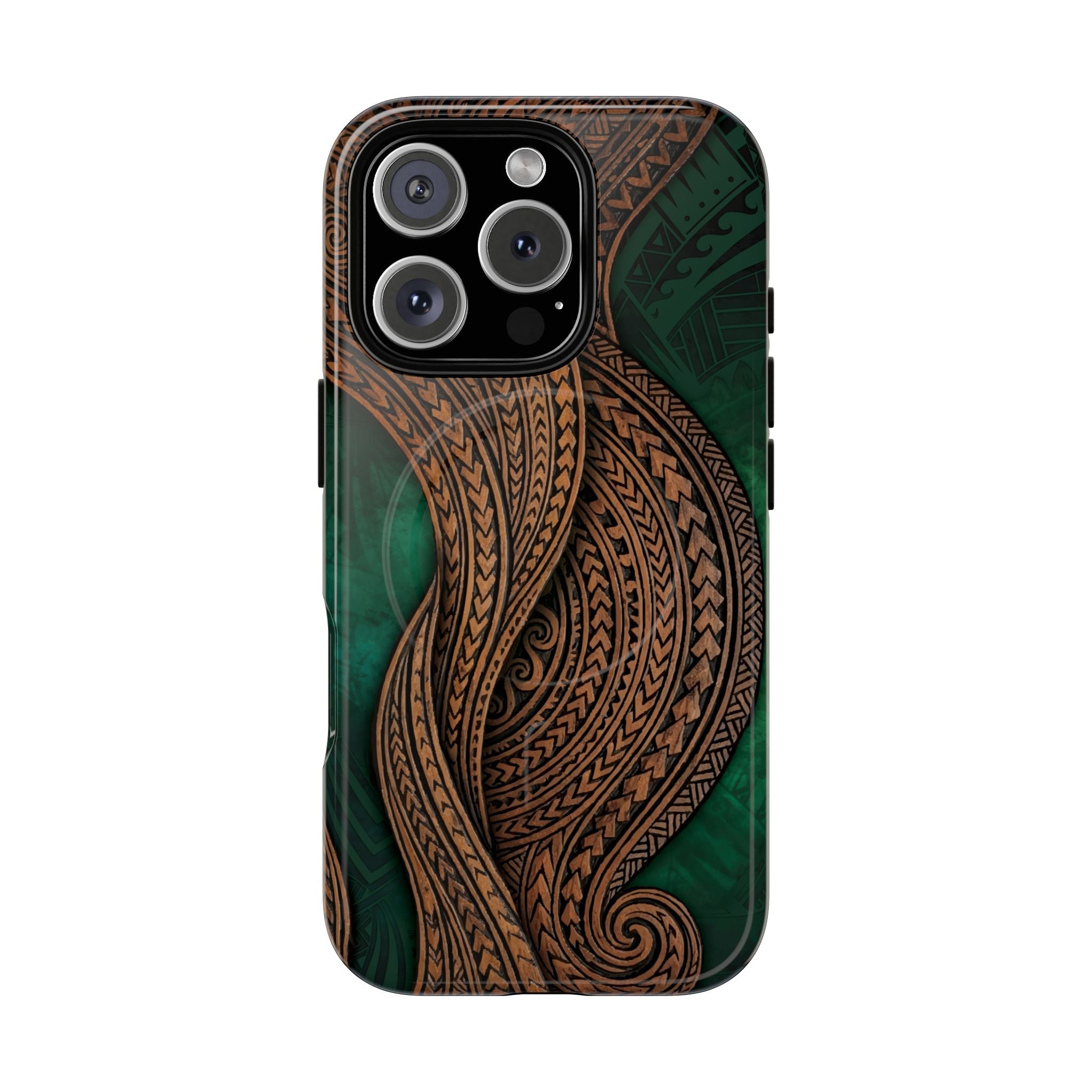 Island Kalai MagSafe iPhone Case iPhone 16 Pro Glossy - Hawaiian Carved Wood Grain Emerald Green Tribal Design - The Local Banyan