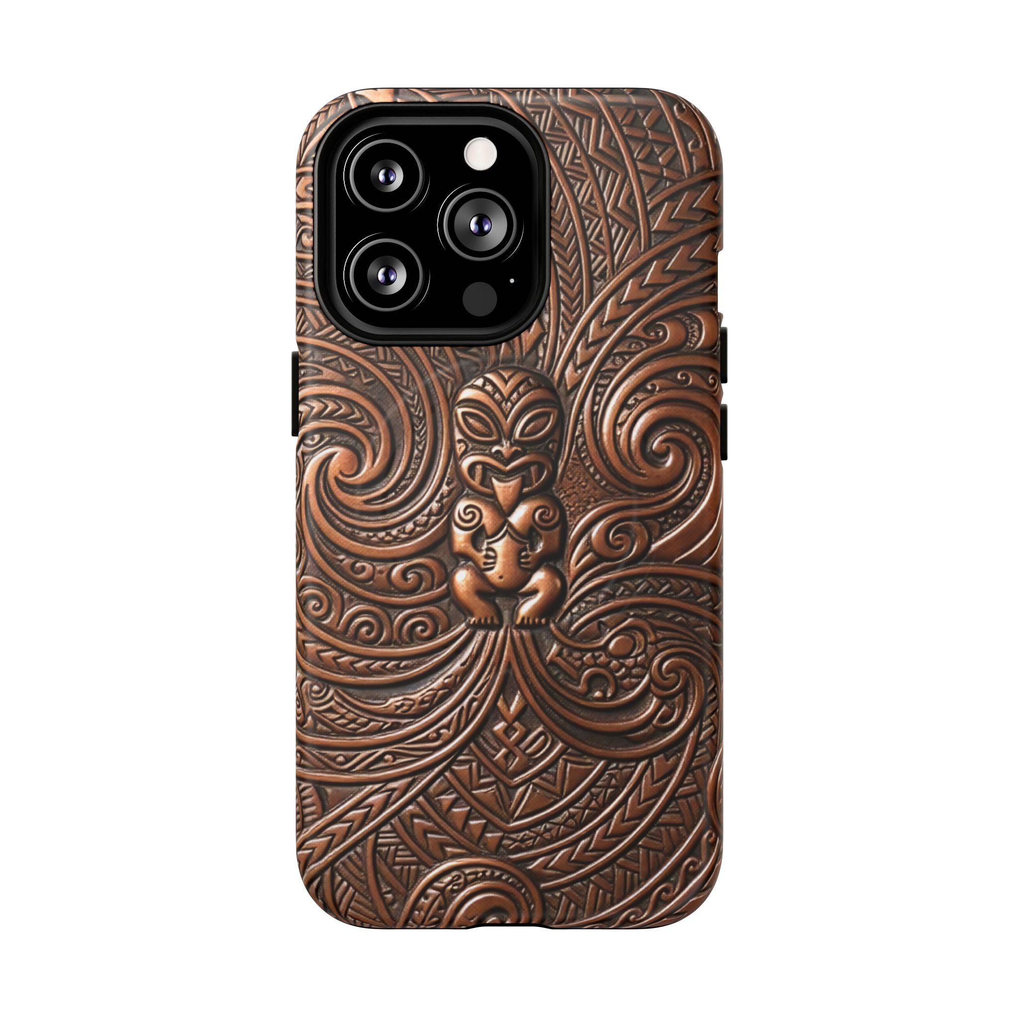 Paa Guardian MagSafe iPhone Case Detail View - Hawaiian Copper Carved Tiki Polynesian Design Close Up - The Local Banyan