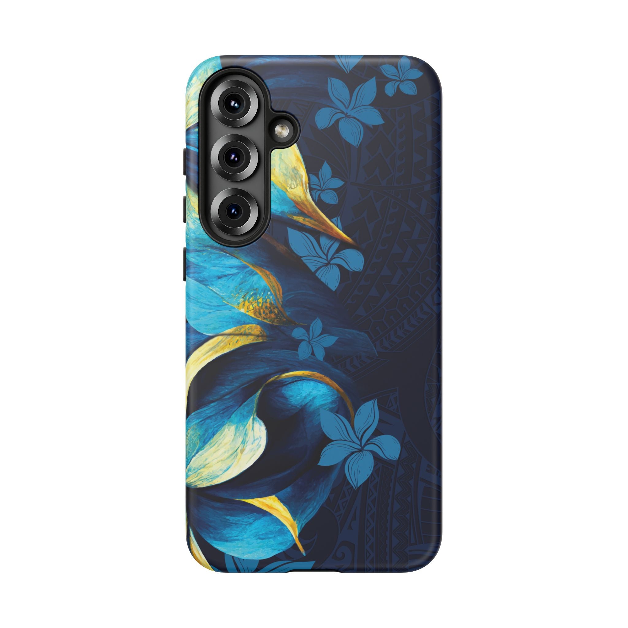 Woman holding Po Mahina Tough Samsung Galaxy Case - Hawaiian Moonlit Teal Gold Floral Design - The Local Banyan