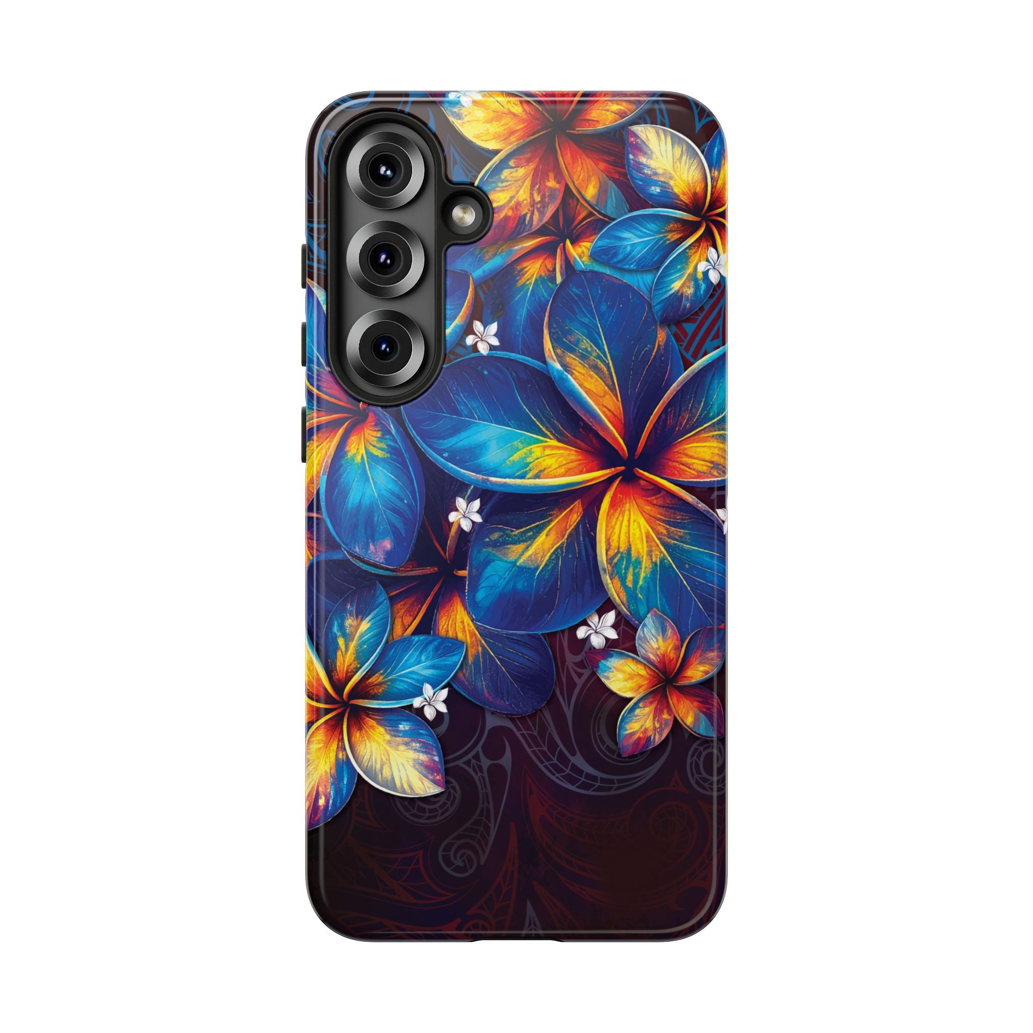 Woman holding Nohea Twilight Tough Samsung Galaxy Case - Hawaiian Blue Orange Plumeria Twilight Design - The Local Banyan