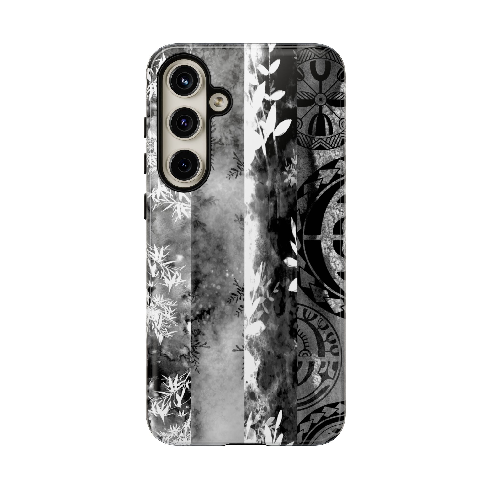 Monochrome Oasis Tough Samsung Galaxy Case Detail View - Hawaiian Black White Botanical Tribal Design Close Up - The Local Banyan