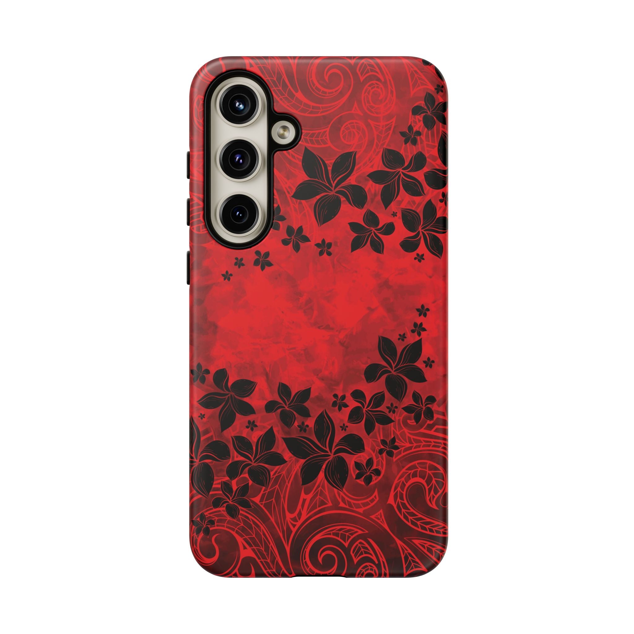Woman holding Keahi Pua Tough Samsung Galaxy Case - Hawaiian Fire Flower Red Tribal Floral Design - The Local Banyan