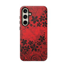 Woman holding Keahi Pua Tough Samsung Galaxy Case - Hawaiian Fire Flower Red Tribal Floral Design - The Local Banyan