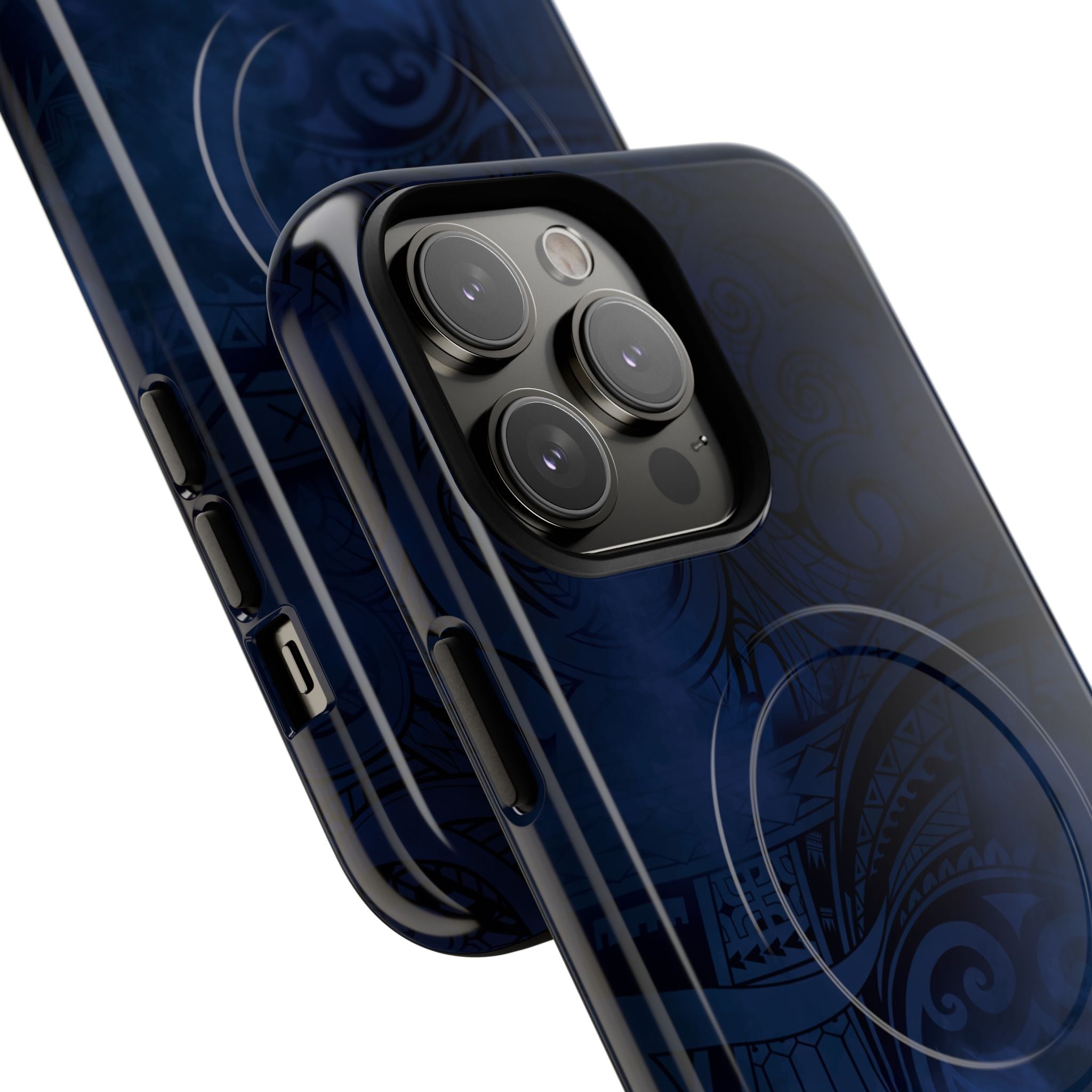 Woman holding Midnight Essence MagSafe iPhone Case - Hawaiian Midnight Navy Polynesian Tribal Design - The Local Banyan