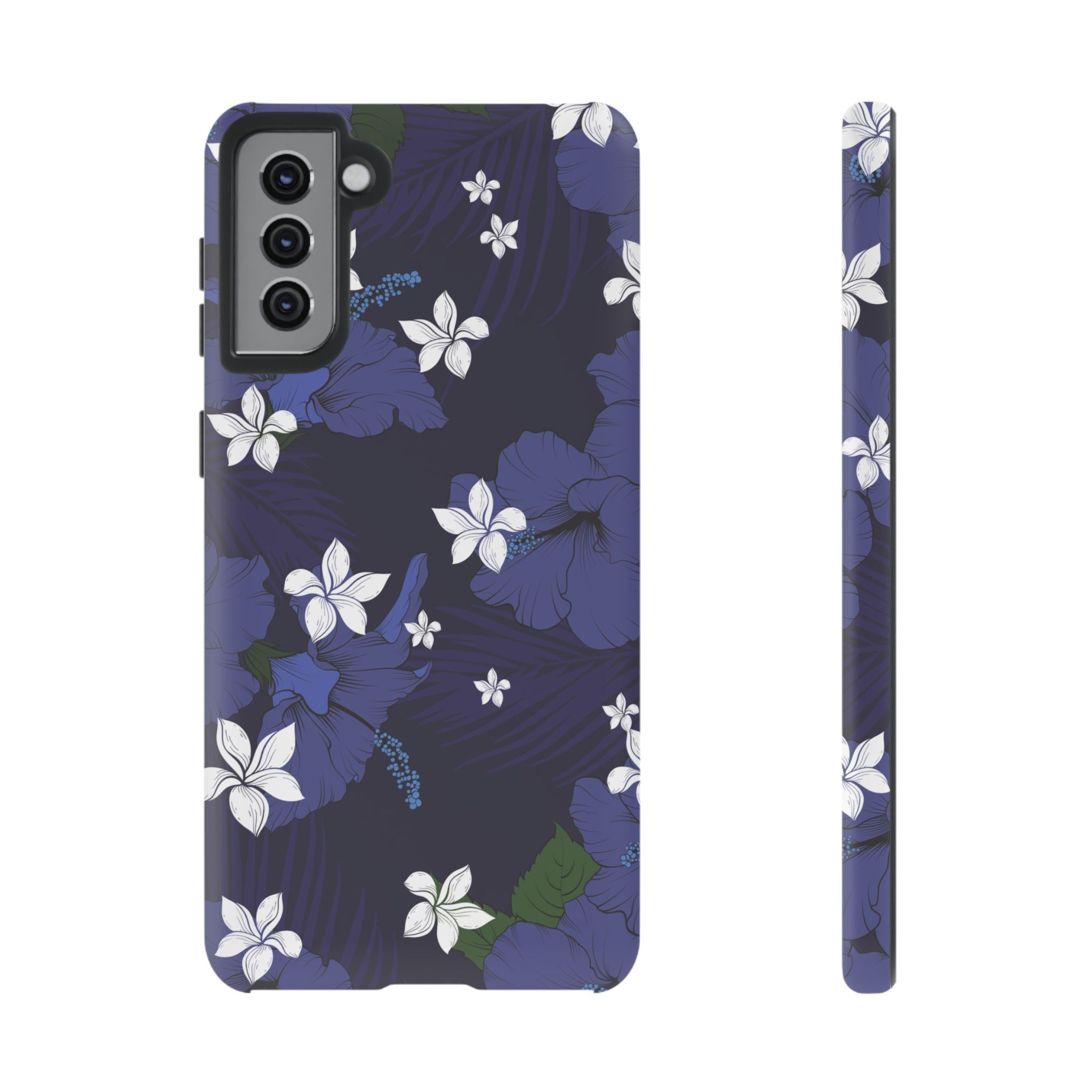 Vintage Blue Tough Samsung Galaxy Case Samsung Galaxy S21 Plus Matte - Hawaiian Indigo Hibiscus White Plumeria Design - The Local Banyan