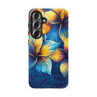 Woman holding Pua La Tough Samsung Galaxy Case - Hawaiian Golden Hibiscus Sun Flower Sapphire Design - The Local Banyan