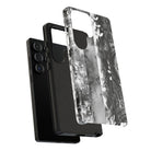 Woman holding Monochrome Oasis Tough Samsung Galaxy Case - Hawaiian Black White Botanical Tribal Design - The Local Banyan