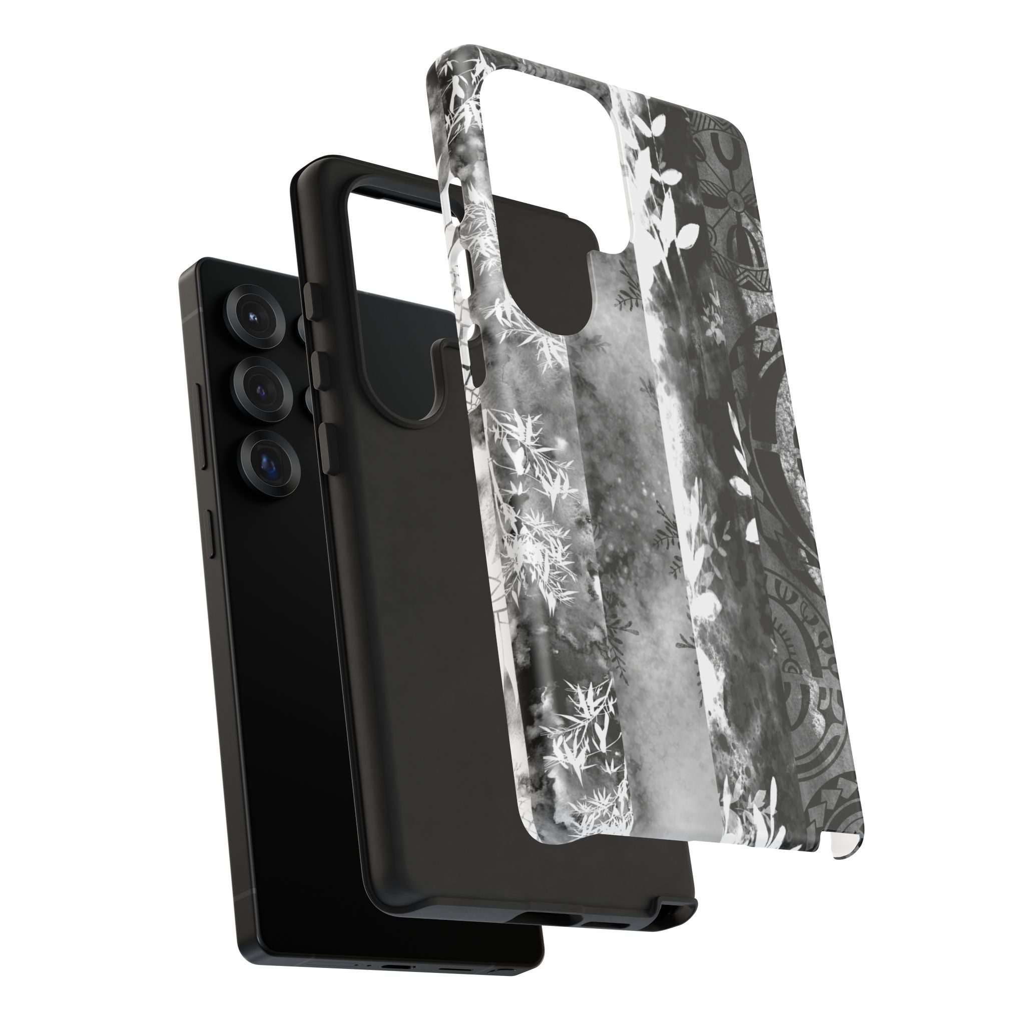 Woman holding Monochrome Oasis Tough Samsung Galaxy Case - Hawaiian Black White Botanical Tribal Design - The Local Banyan