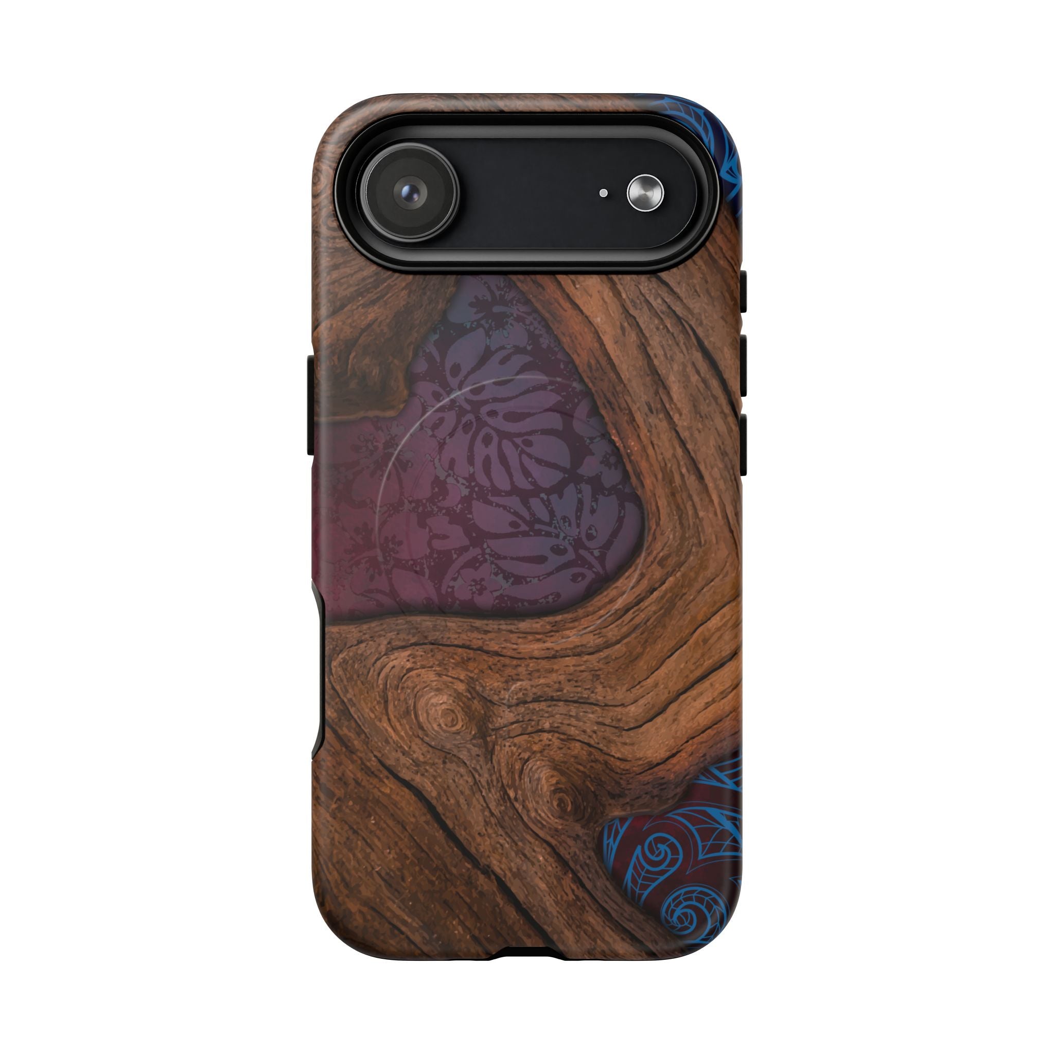 Woman holding Rooted MagSafe iPhone Case - Hawaiian Koa Wood Island Strength Tribal Design - The Local Banyan